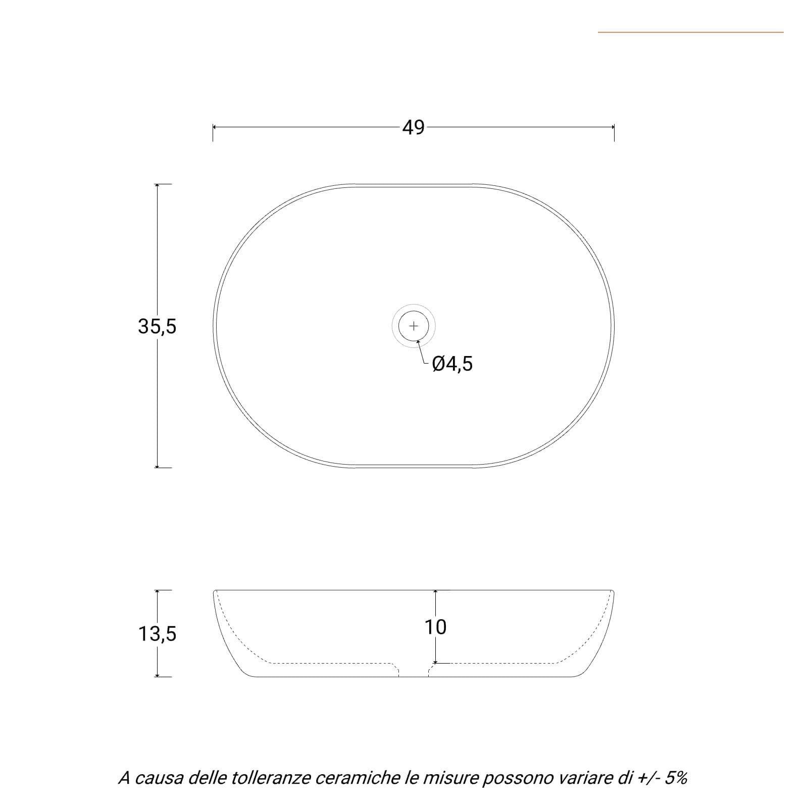 Lavabo d'appoggio slim in ceramica 49x35 cm grigio opaco - Cloe