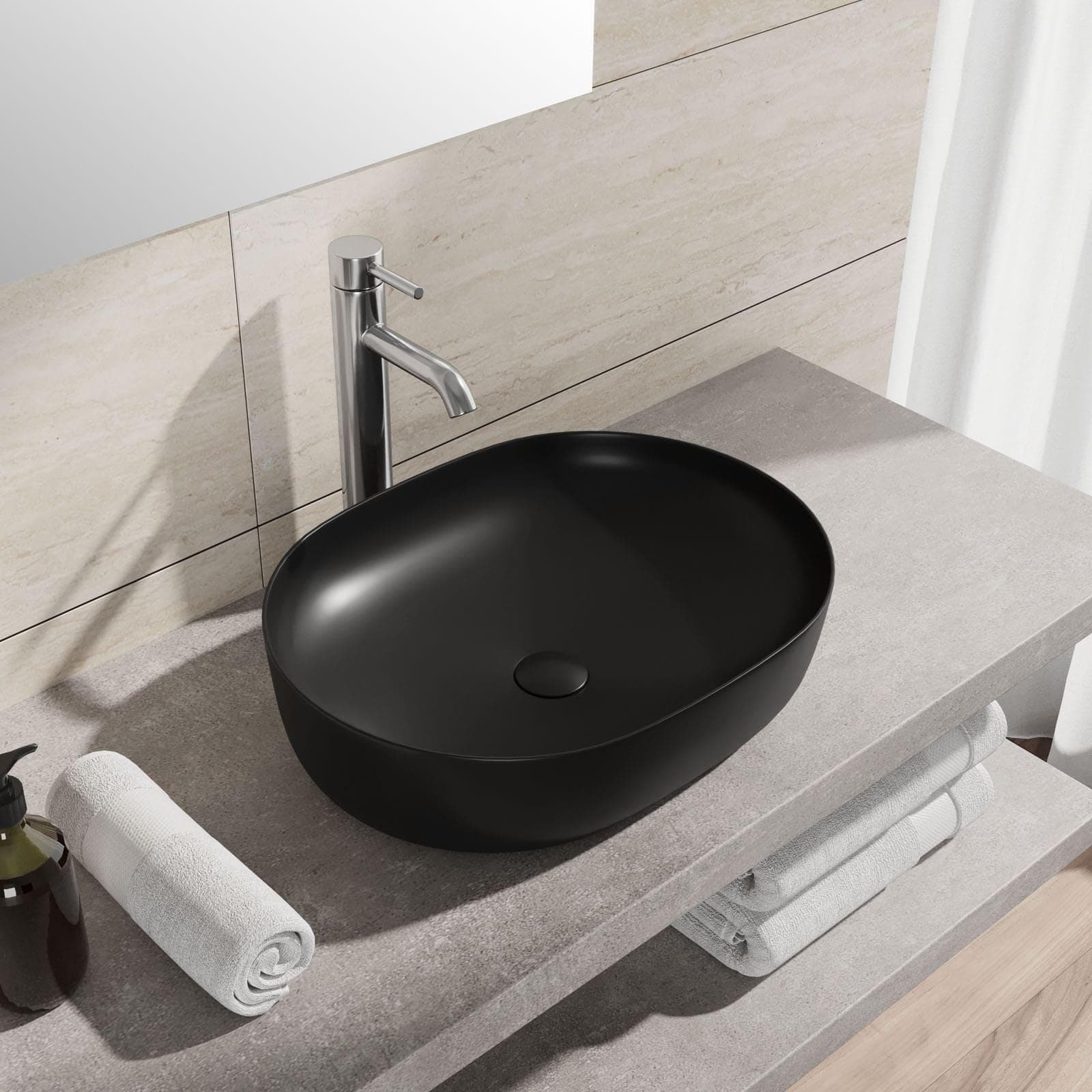 Lavabo d'appoggio slim in ceramica 49x35 cm nero opaco - Cloe