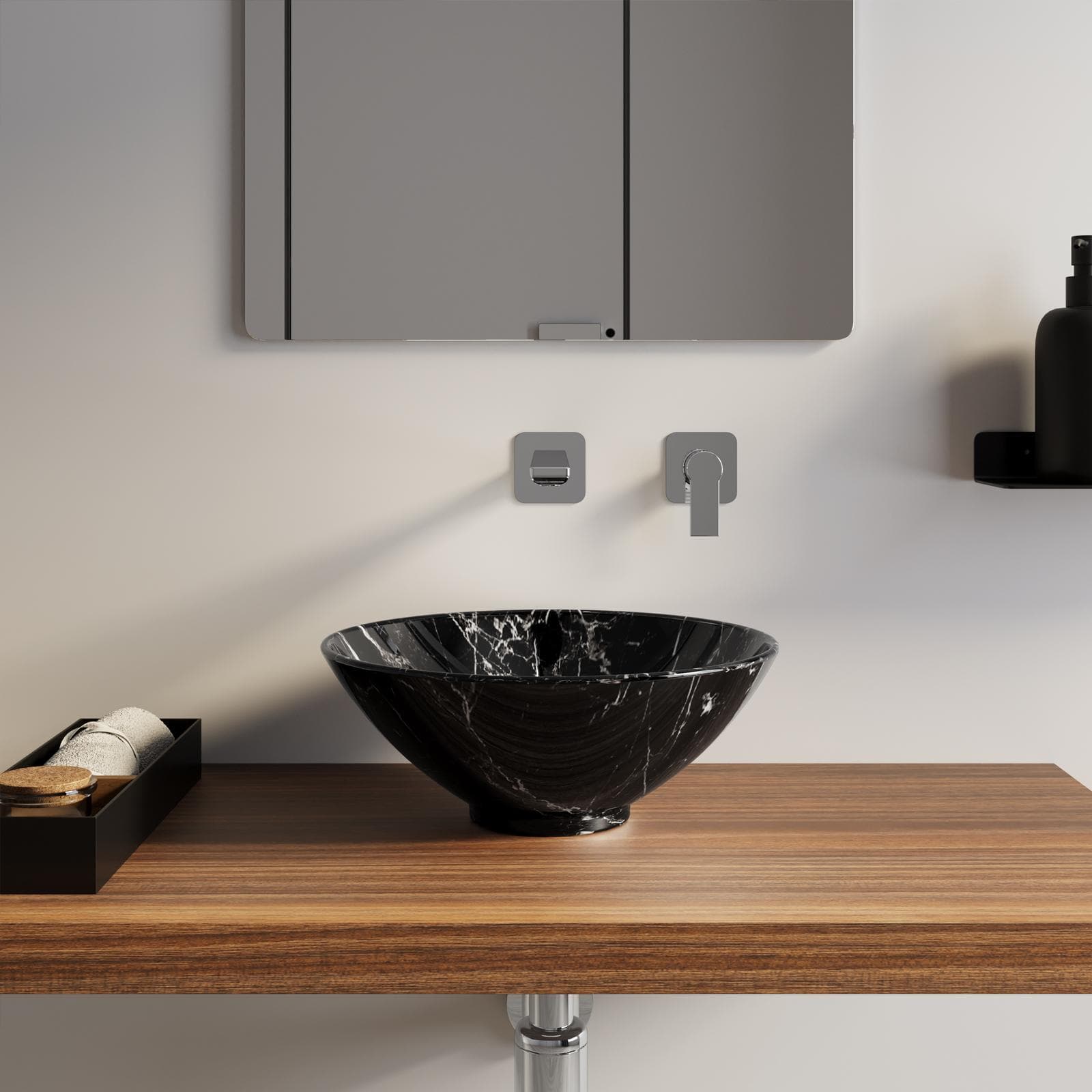 Lavabo d'appoggio tondo 40 cm in ceramica nero effetto marmo - Virage