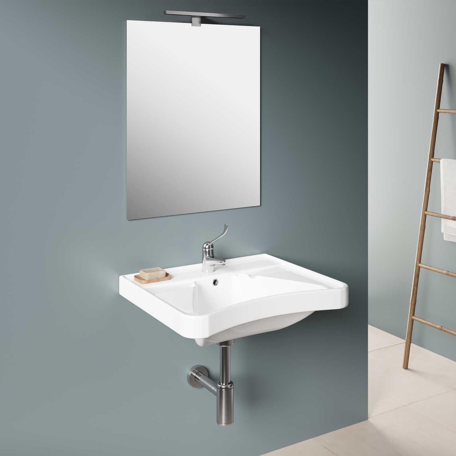 Lavabo ergonomico in ceramica bianco per bagno accessibile