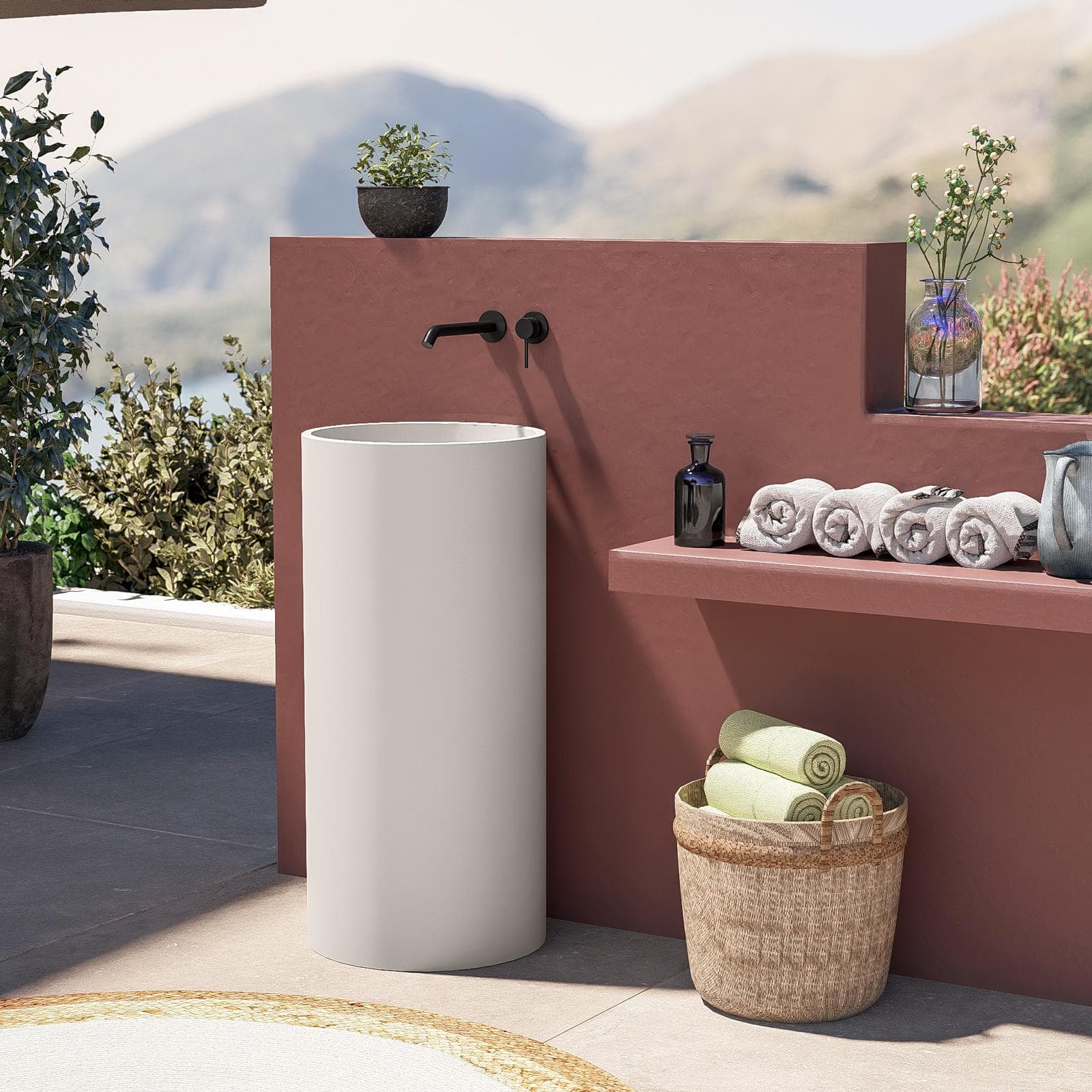 Lavabo freestanding da giardino 40x85h cm in cemento bianco - Hamilton