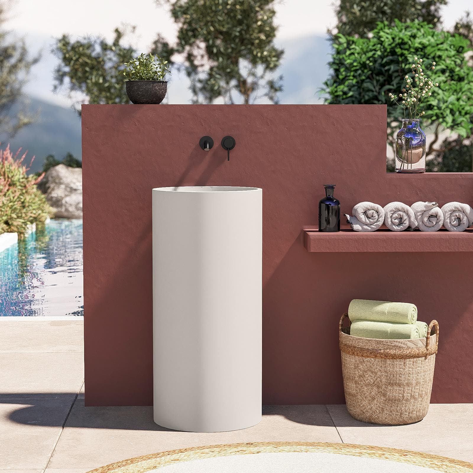 Lavabo freestanding da giardino 40x85h cm in cemento bianco - Hamilton