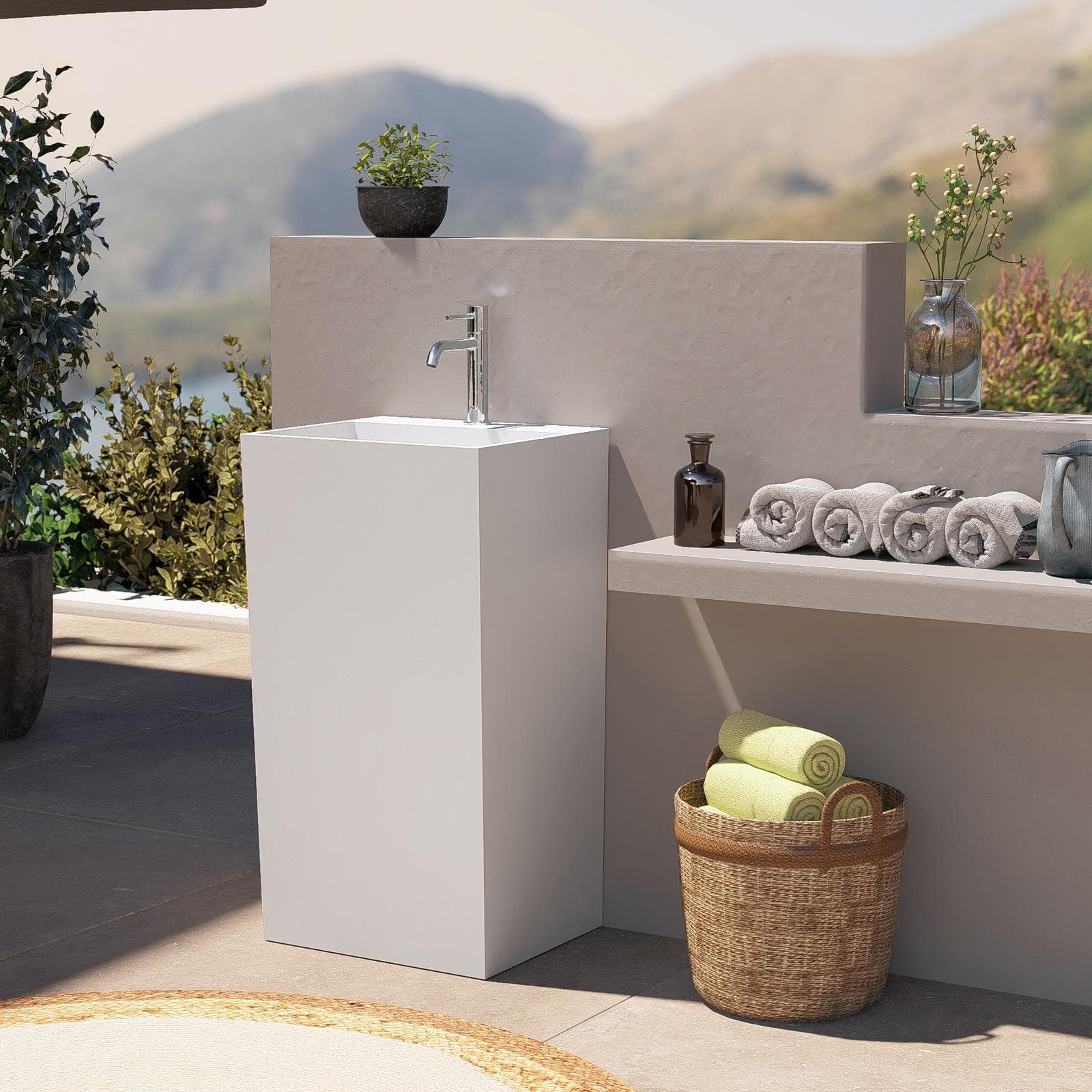 Lavabo freestanding da giardino 46x40x85h cm in cemento bianco - Hamilton