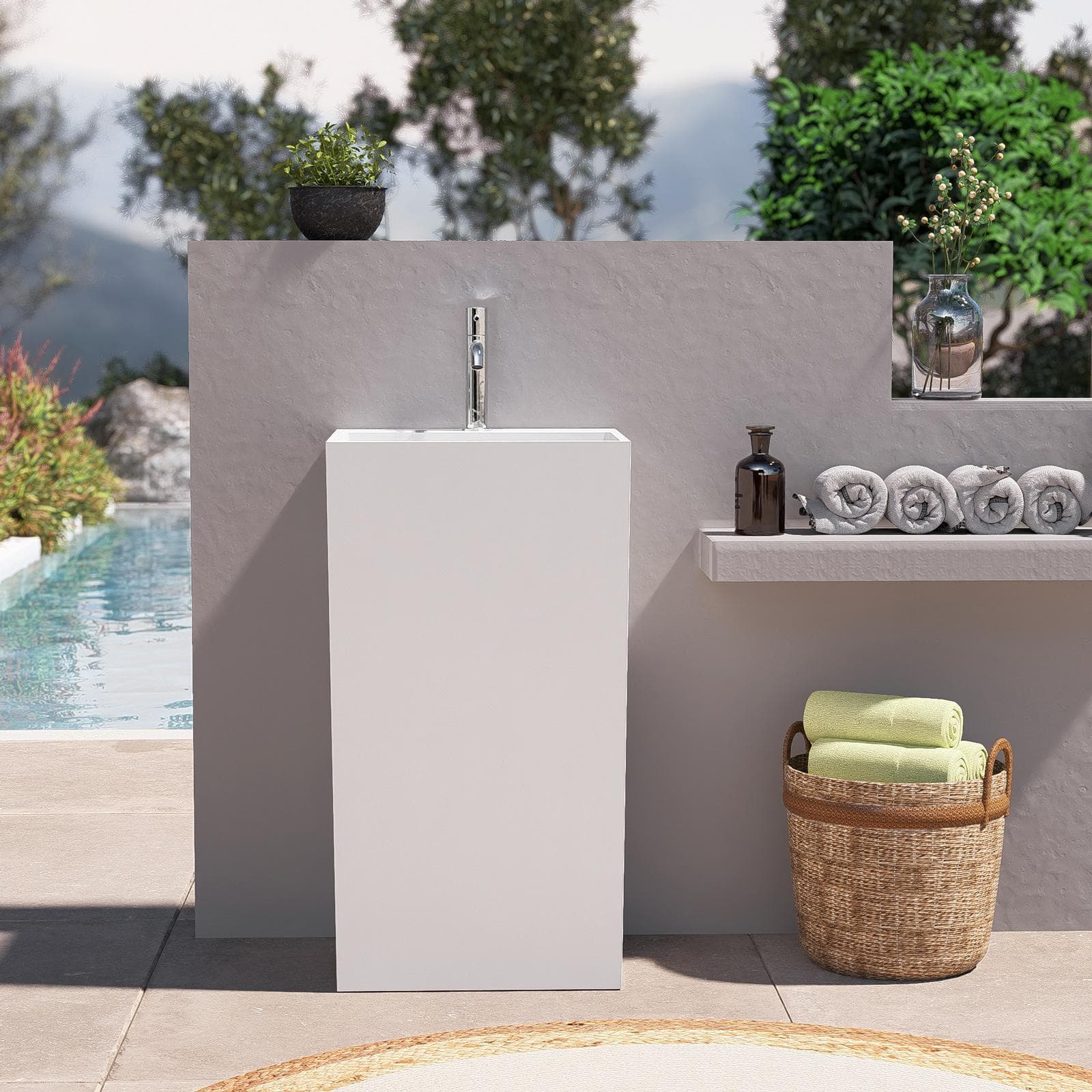 Lavabo freestanding da giardino 46x40x85h cm in cemento bianco - Hamilton