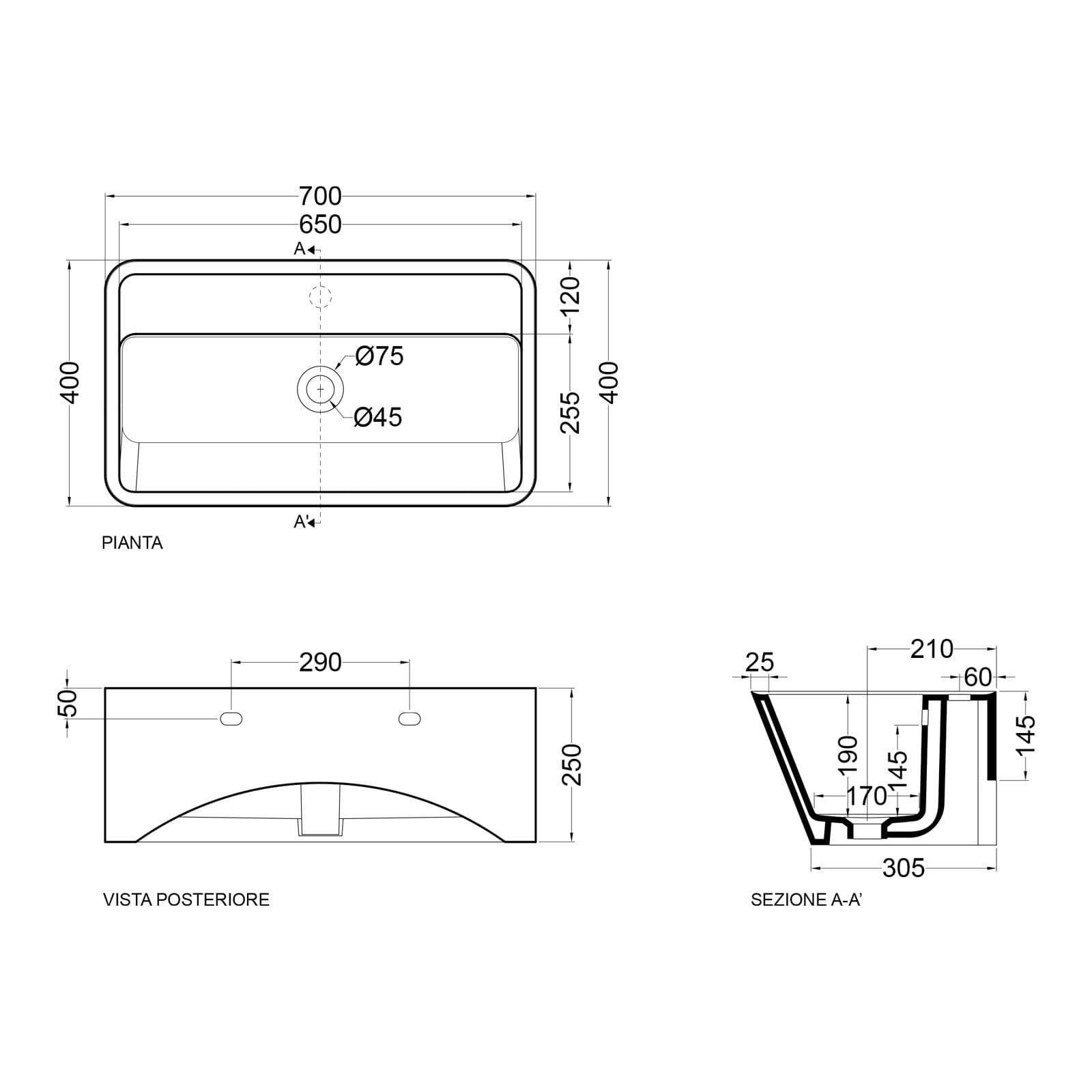 Lavabo in ceramica Wynn di Colavene 70x40x25 cm monoforo per lavanderia o esterni