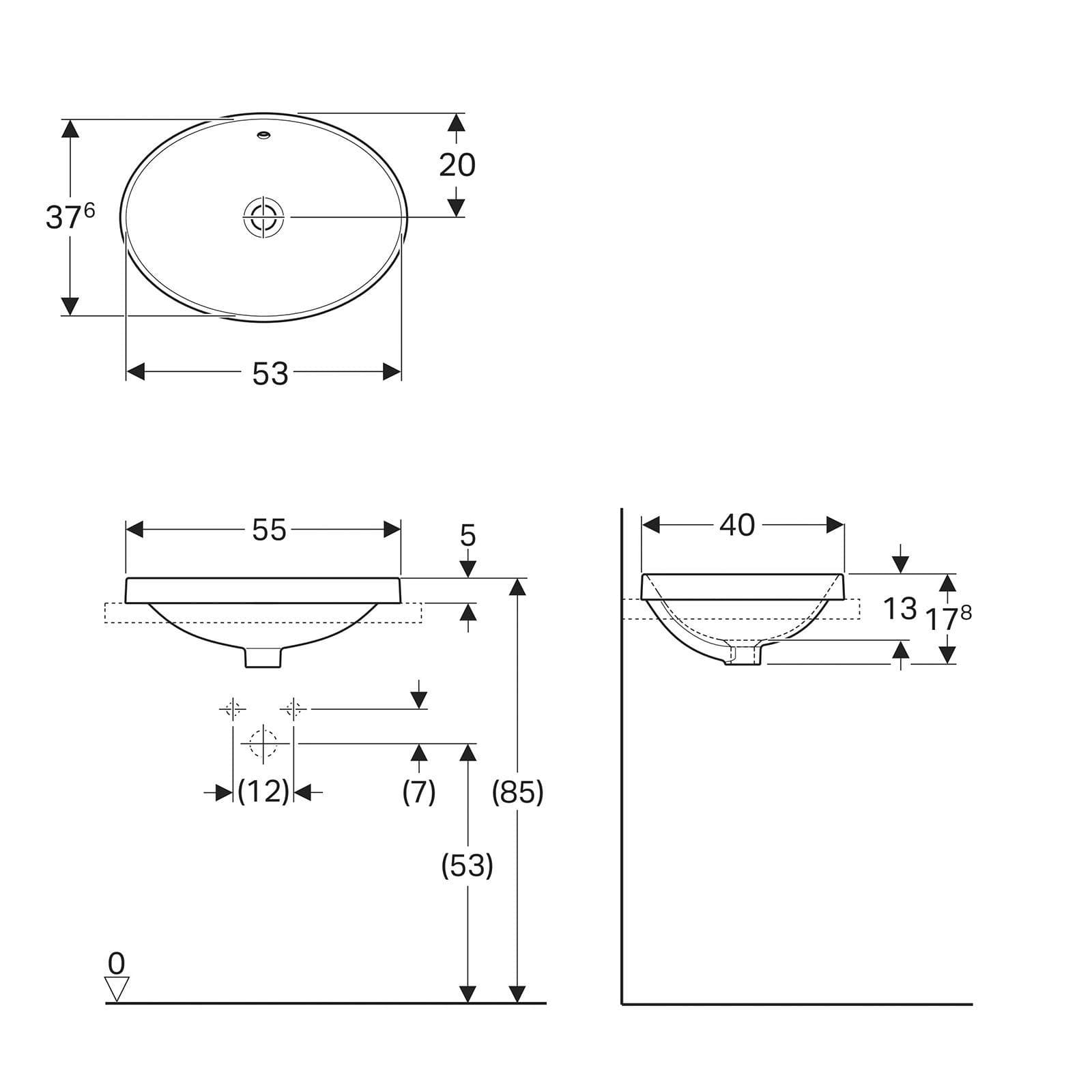 Lavabo incasso soprapiano ovale 55x40 cm ceramica Serie Variform - Geberit