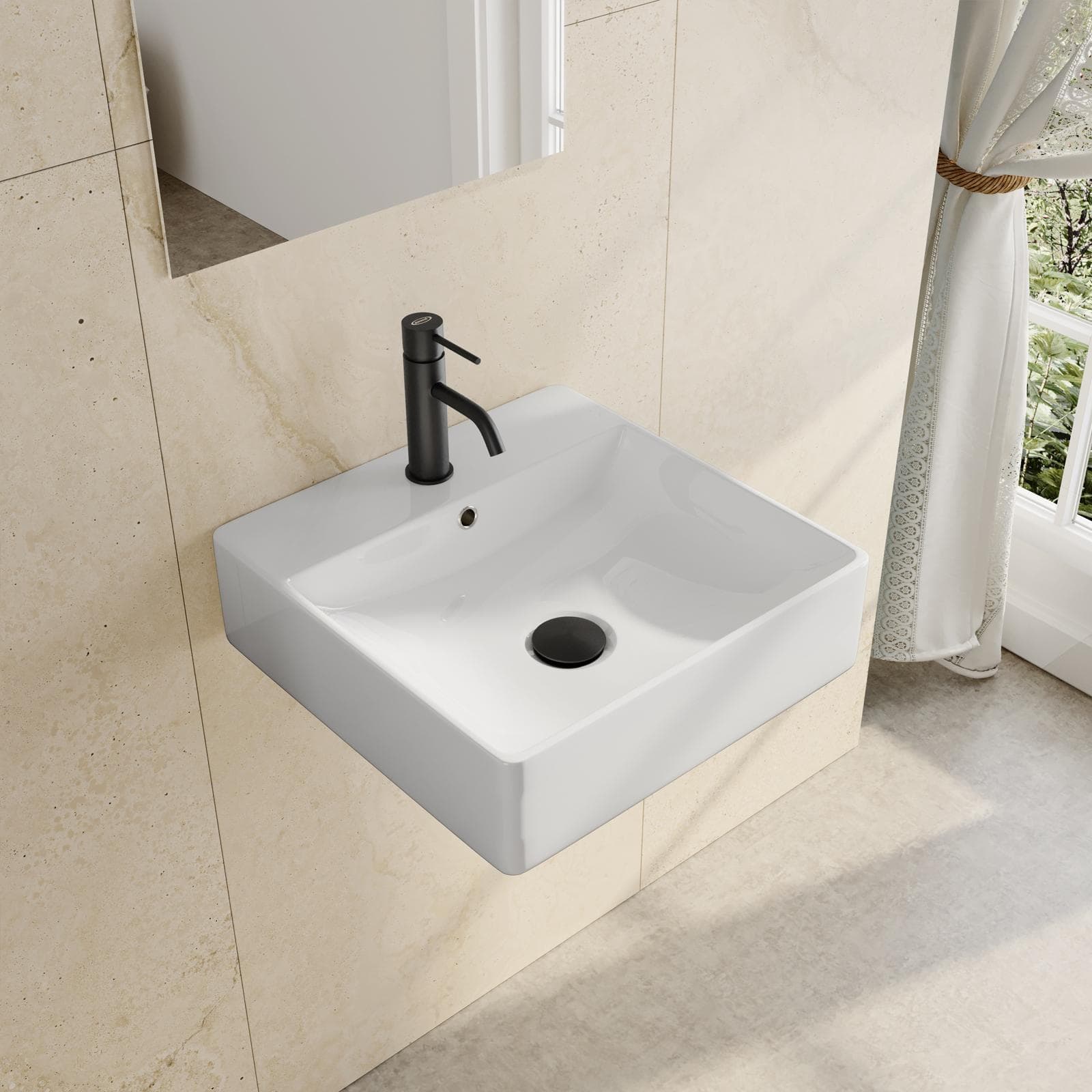 Lavabo monoforo 42 cm appoggio o sospeso in ceramica bianco - Braies