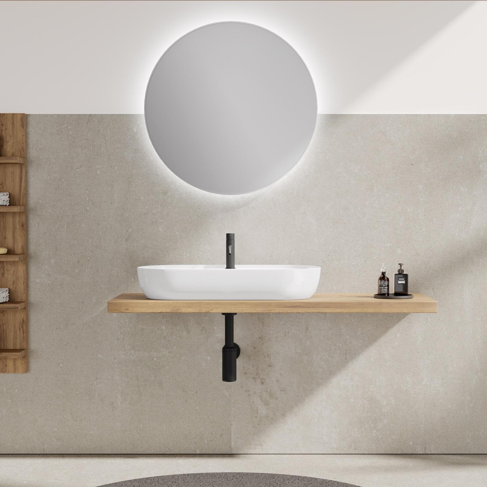 Lavabo ovale da 80 cm in ceramica bianco lucido da appoggio monoforo