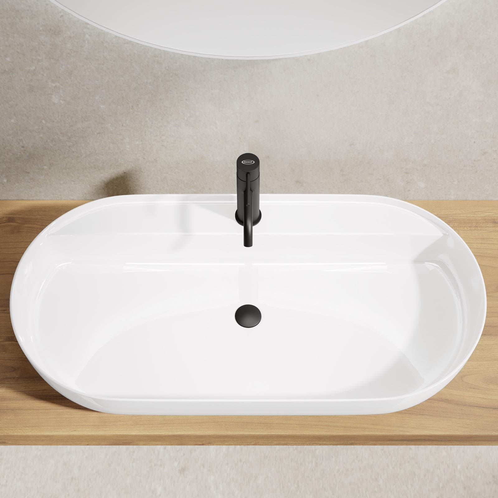 Lavabo ovale da 80 cm in ceramica bianco lucido da appoggio monoforo
