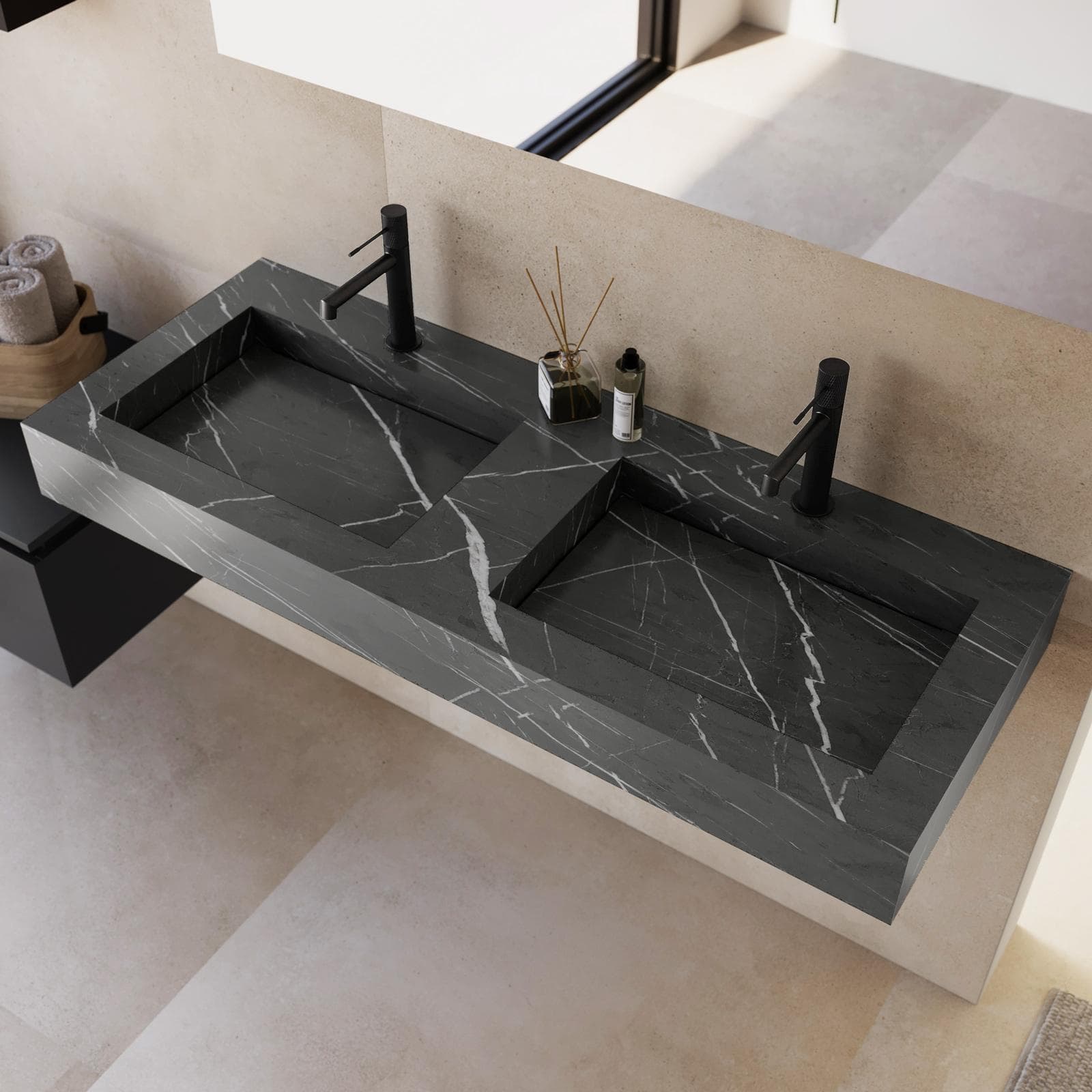Lavabo sospeso 120x46 cm in hpl grigio effetto marmo dolomite striato - Megara