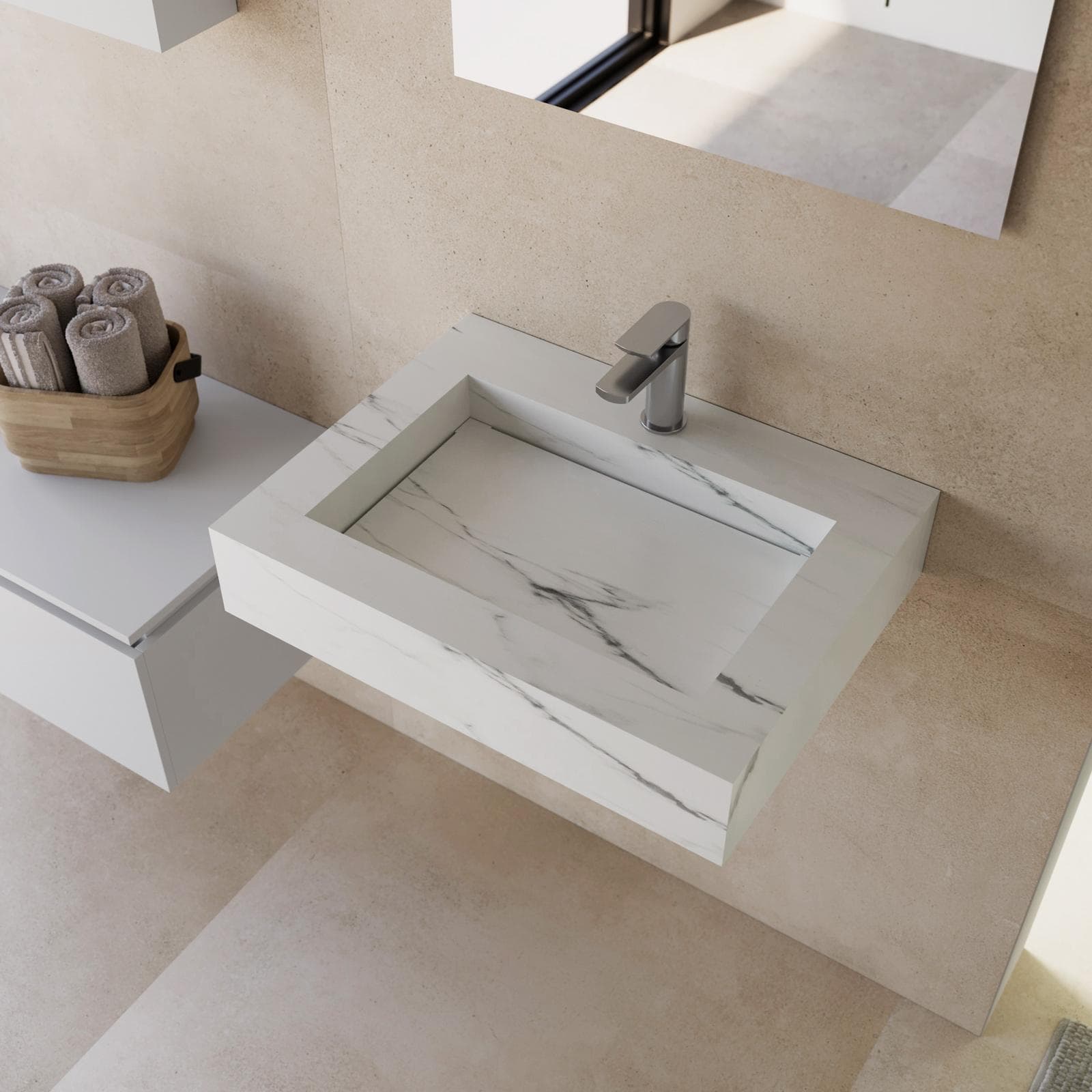 Lavabo sospeso 60x46 cm in hpl bianco effetto marmo apuano imperiale - Megara