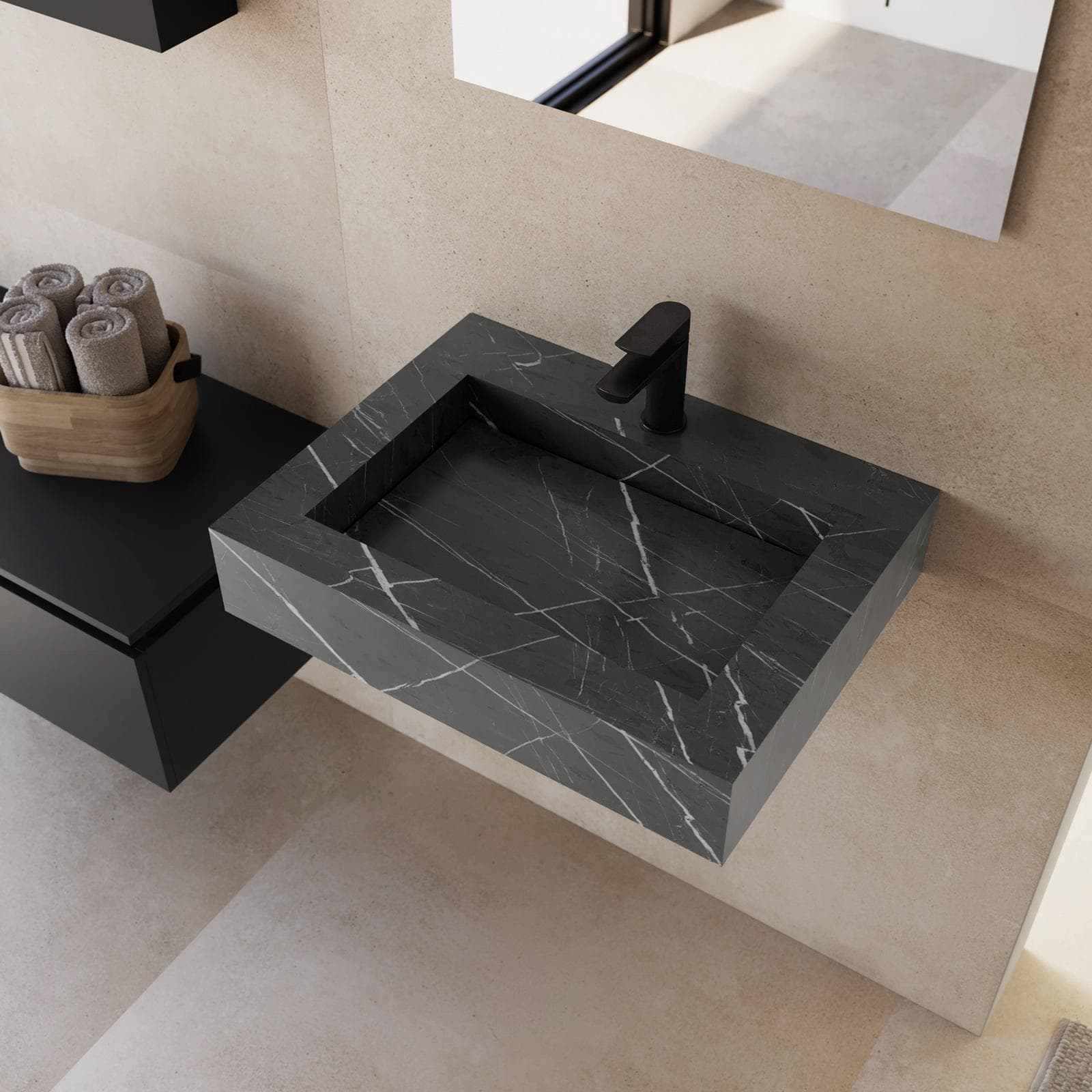 Lavabo sospeso 60x46 cm in hpl grigio effetto marmo dolomite striato - Megara