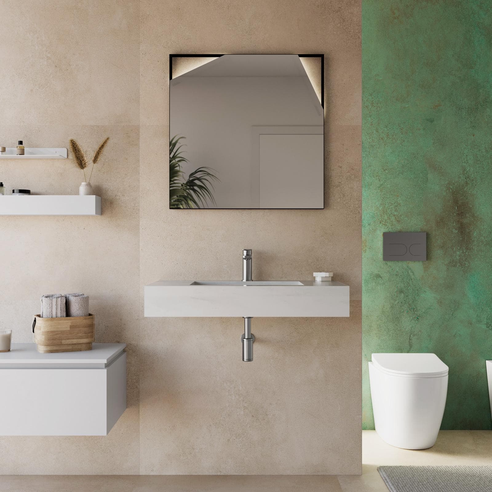Lavabo sospeso 80x46 cm in hpl bianco effetto marmo apuano imperiale - Megara