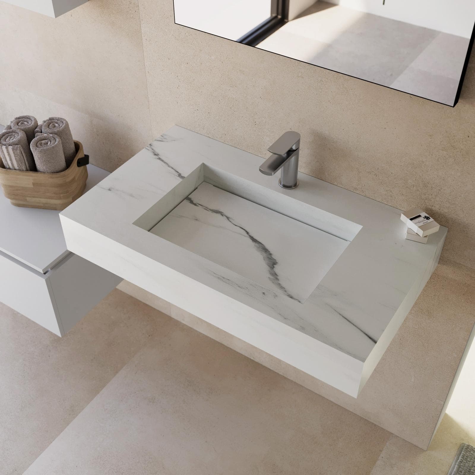 Lavabo sospeso 80x46 cm in hpl bianco effetto marmo apuano imperiale - Megara
