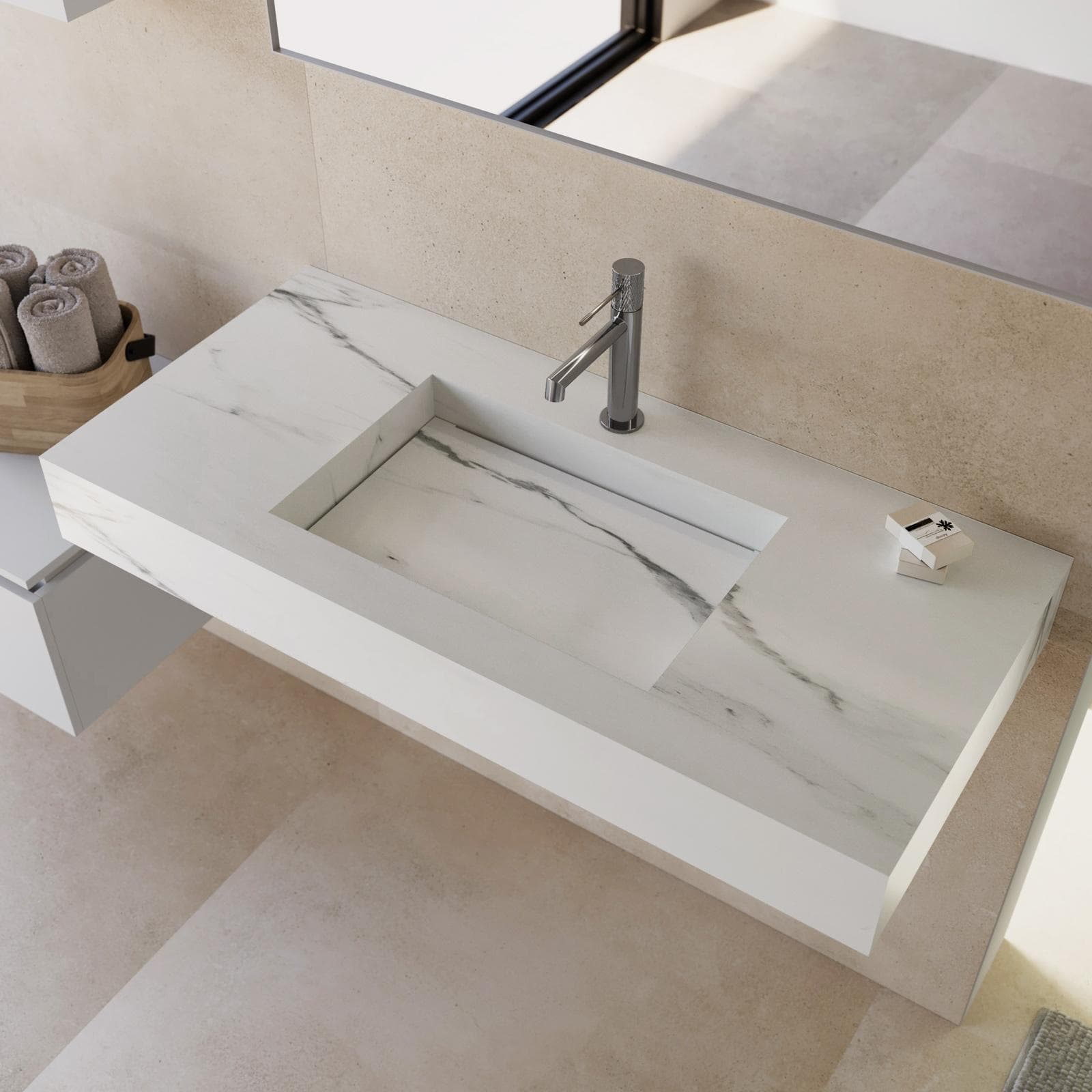 Lavabo sospeso 90x46 cm in hpl bianco effetto marmo apuano imperiale - Megara