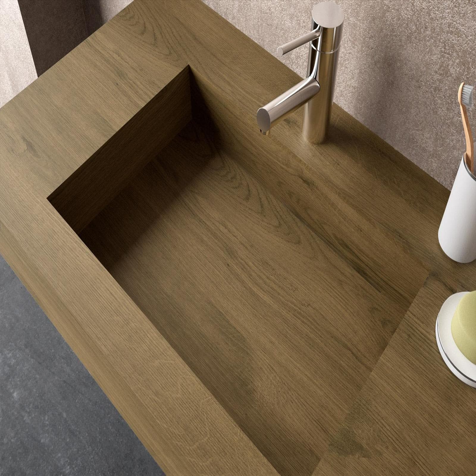 Lavabo sospeso con vasca sinistra integrata da 120 cm rovere boemo in hpl - Jalama
