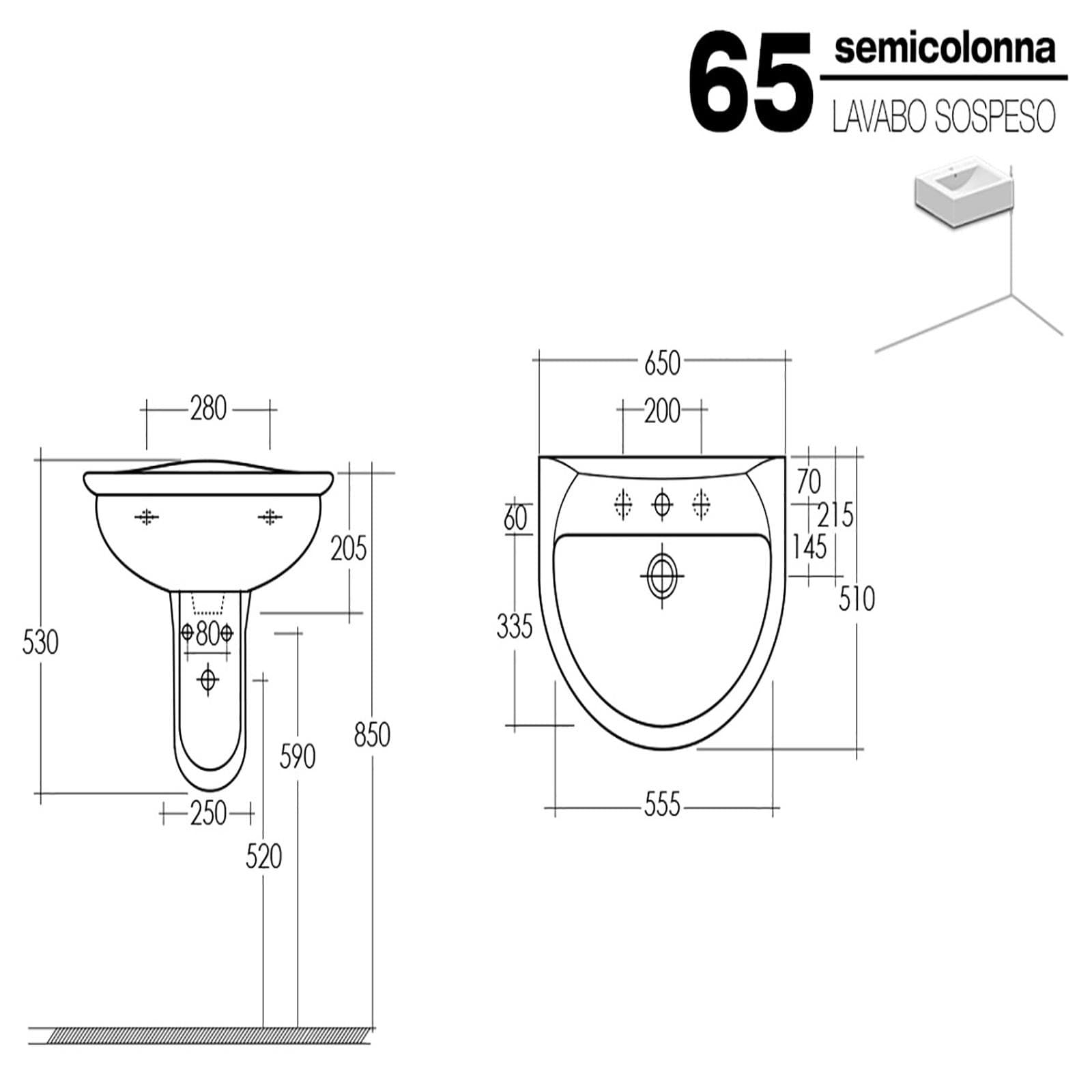 Lavabo sospeso in ceramica 65 cm completo di semicolonna - Perls