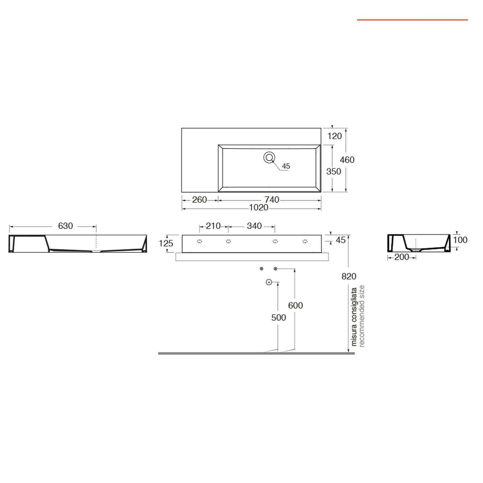Lavabo sospeso o d'appoggio 102 cm con piano laterale a sinistra - Elegance Squared
