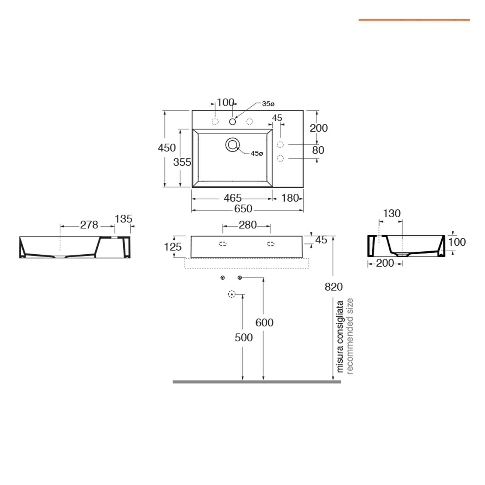 Lavabo sospeso o d'appoggio monoforo 65 cm con piano laterale a destra - Elegance Squared