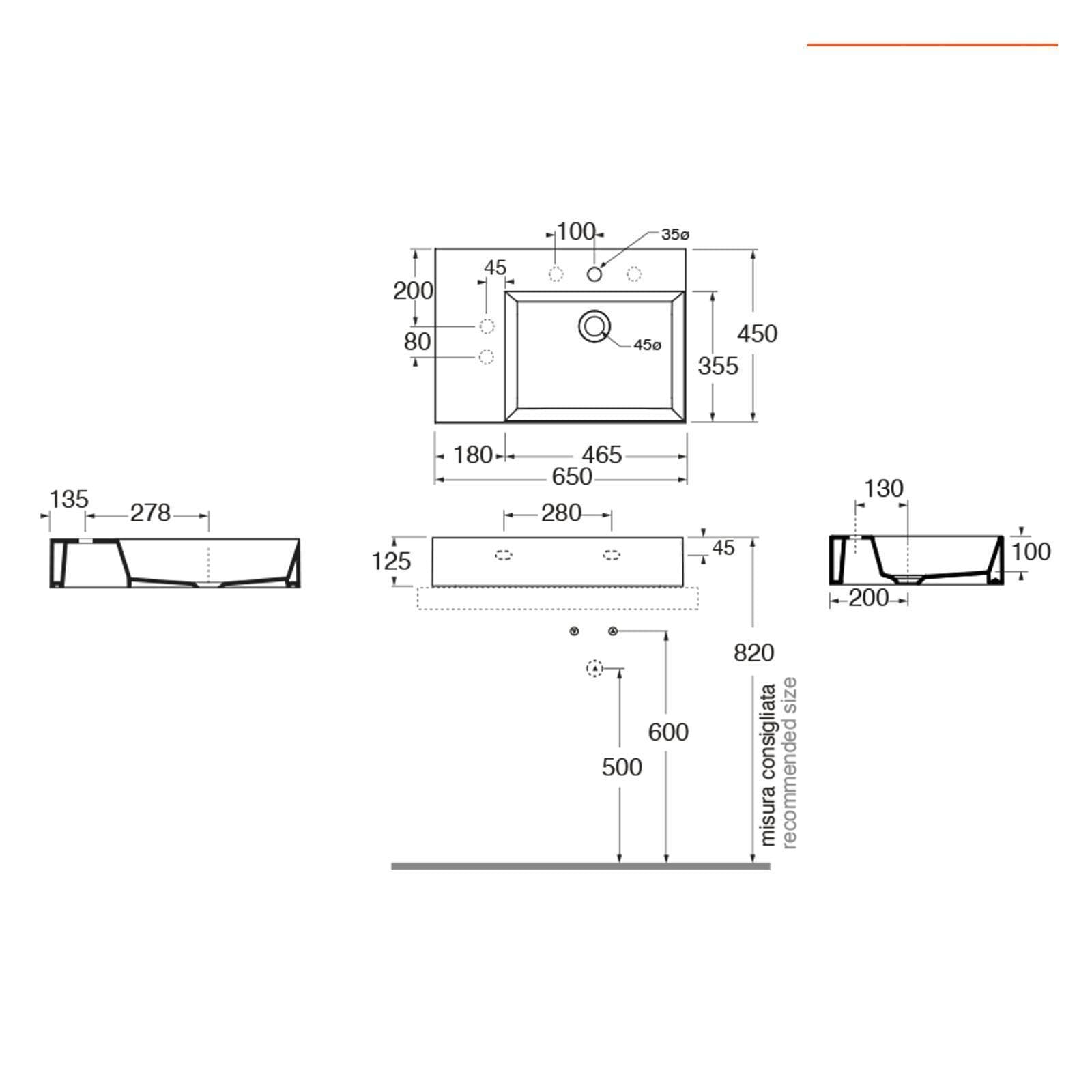 Lavabo sospeso o d'appoggio monoforo 65 cm con piano laterale a sinistra - Elgance Squared