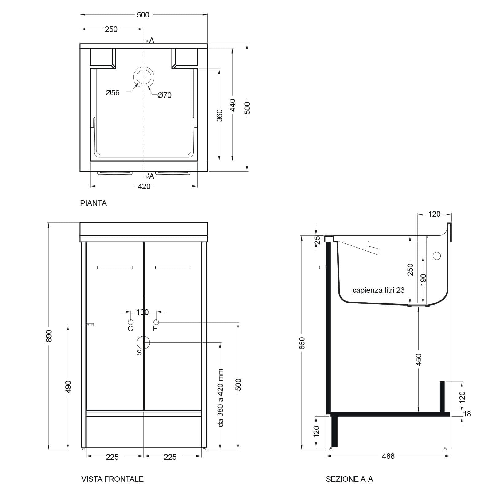 Lavapanni Domestica Colavene 50x50x86h cm con vasca e vano contenitore con 2 ante