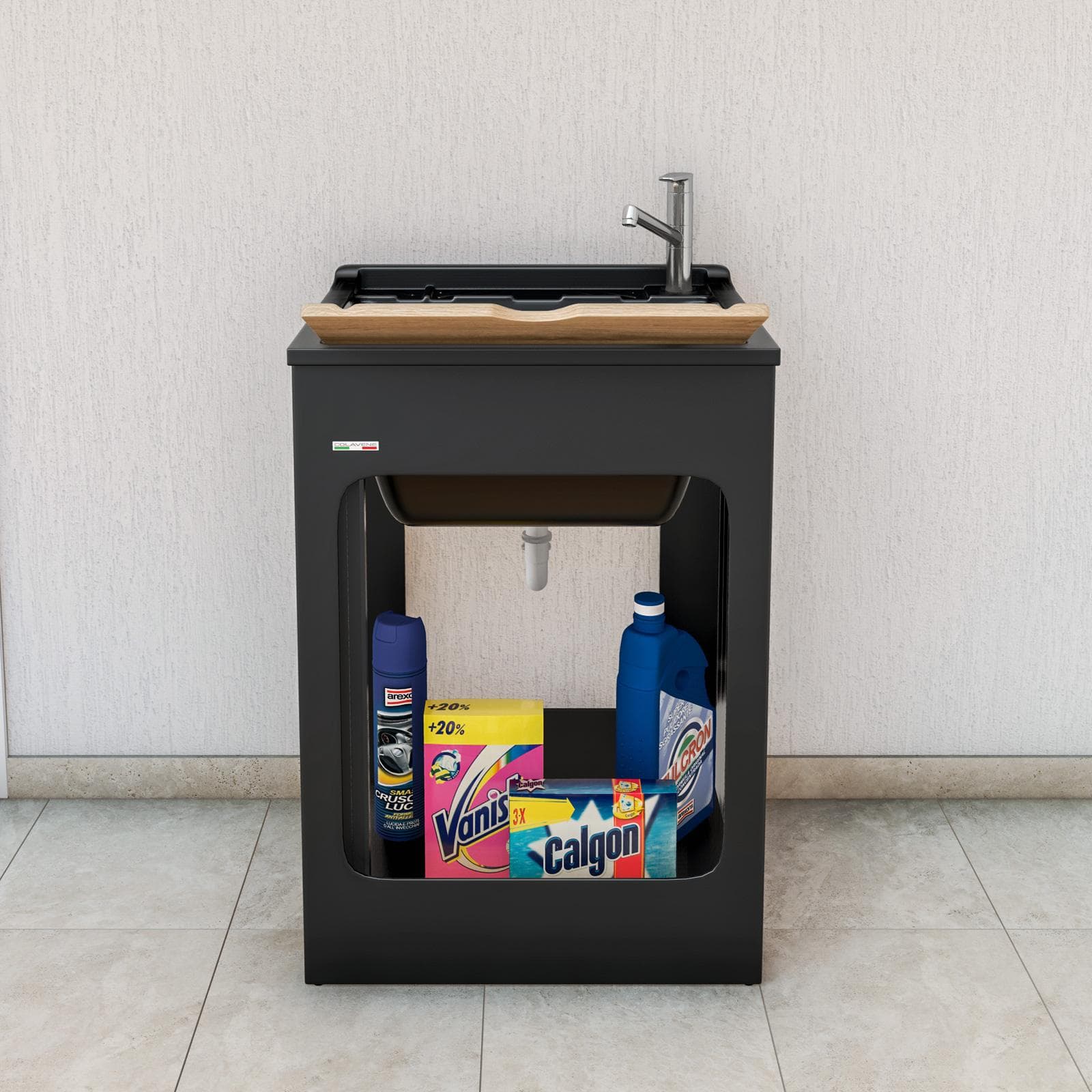 Lavatoio nero Lavacril di Colavene 60x50 cm con serrandina e tavola in legno inclusa