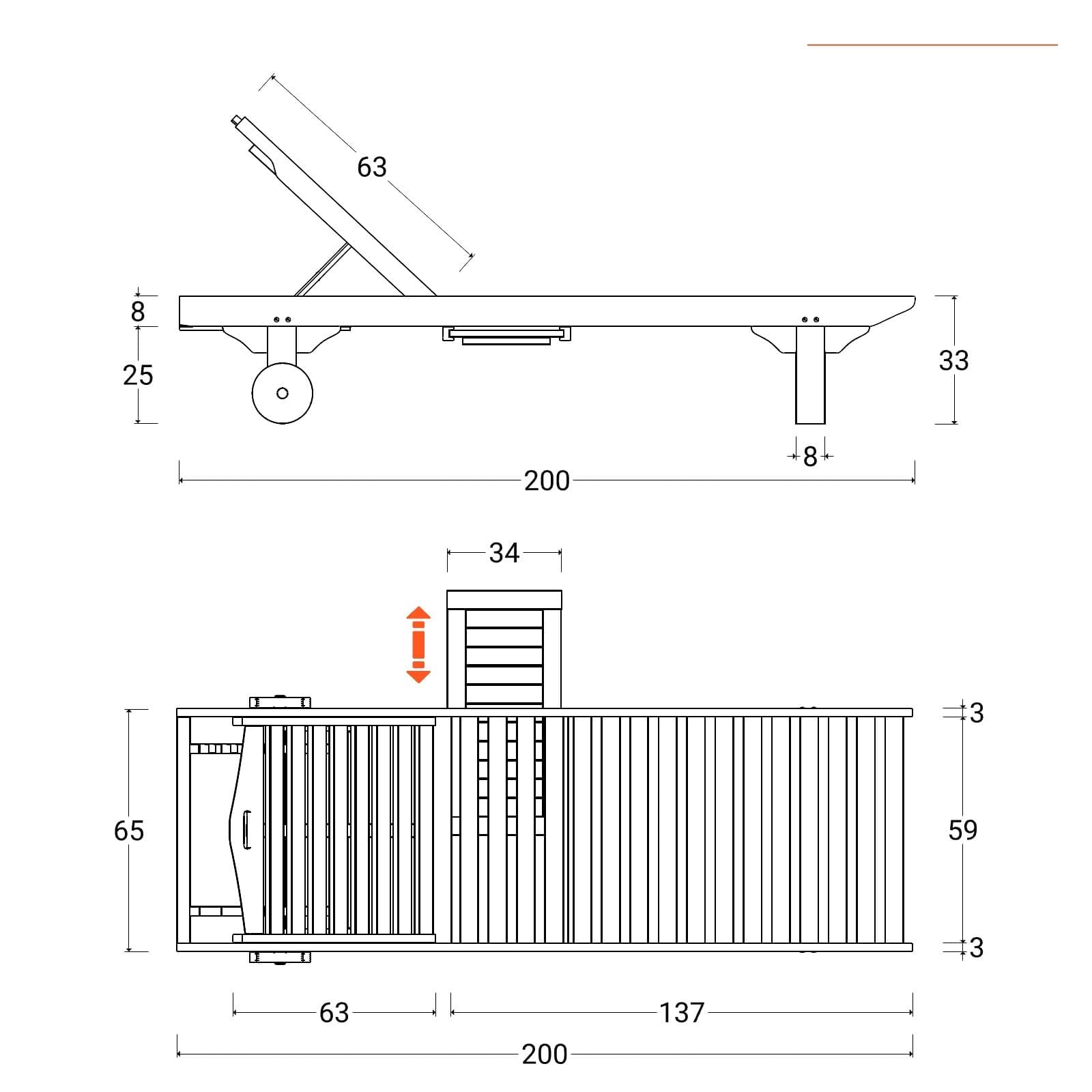 Lettino prendisole reclinabile in legno teak con vassoio scorrevole - Louis