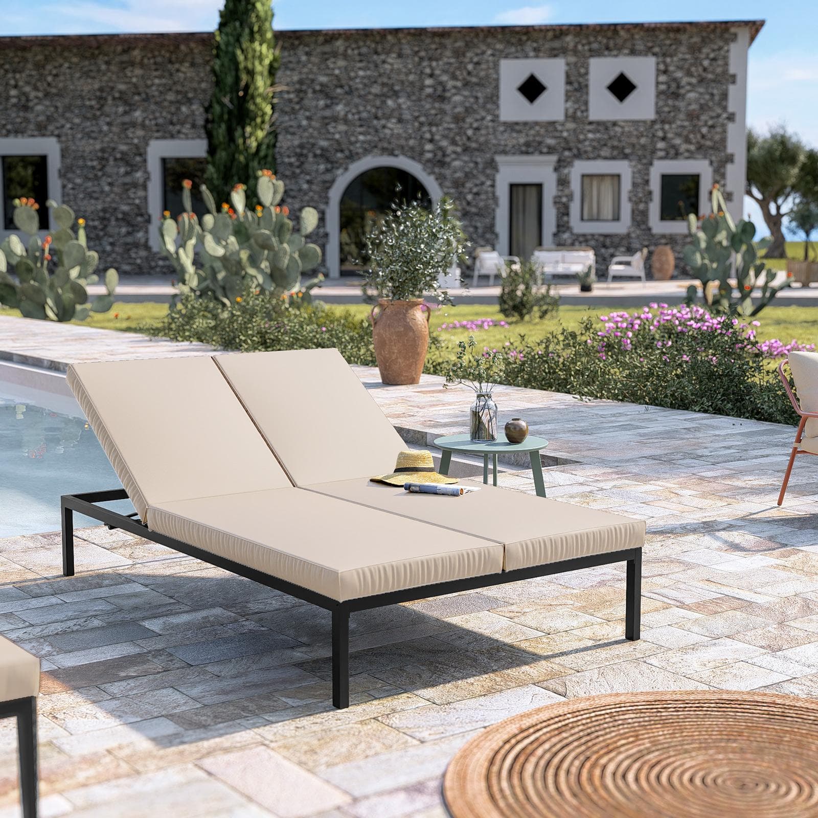 ELITIAN LETTINO PRENDISOLE 2 POSTI C/ CUSCINO BEIGE ALLUMINIO ANTRACITE