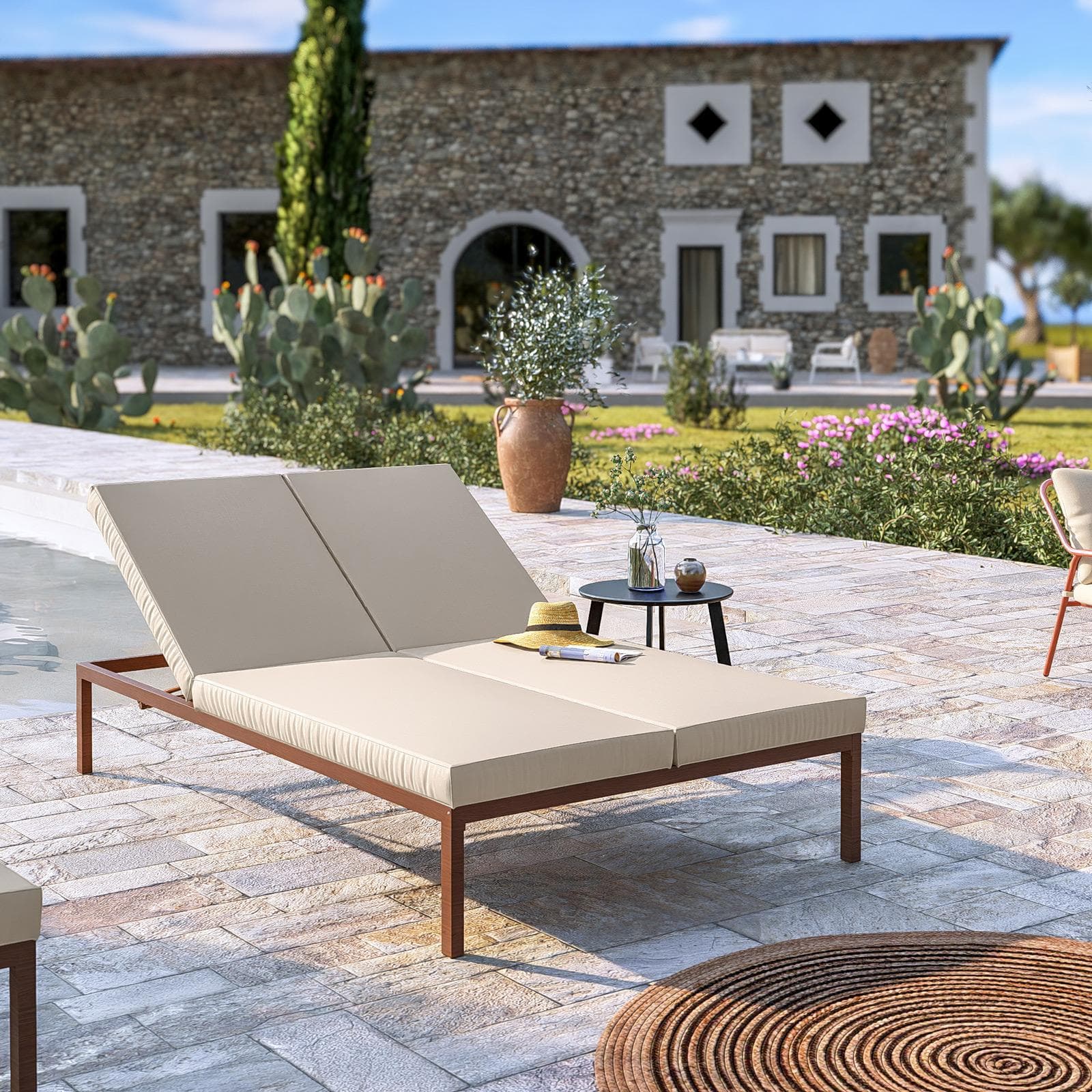 ELITIAN LETTINO PRENDISOLE 2 POSTI C/ CUSCINO BEIGE ALLUMINIO EFFETTO LEGNO SCURO
