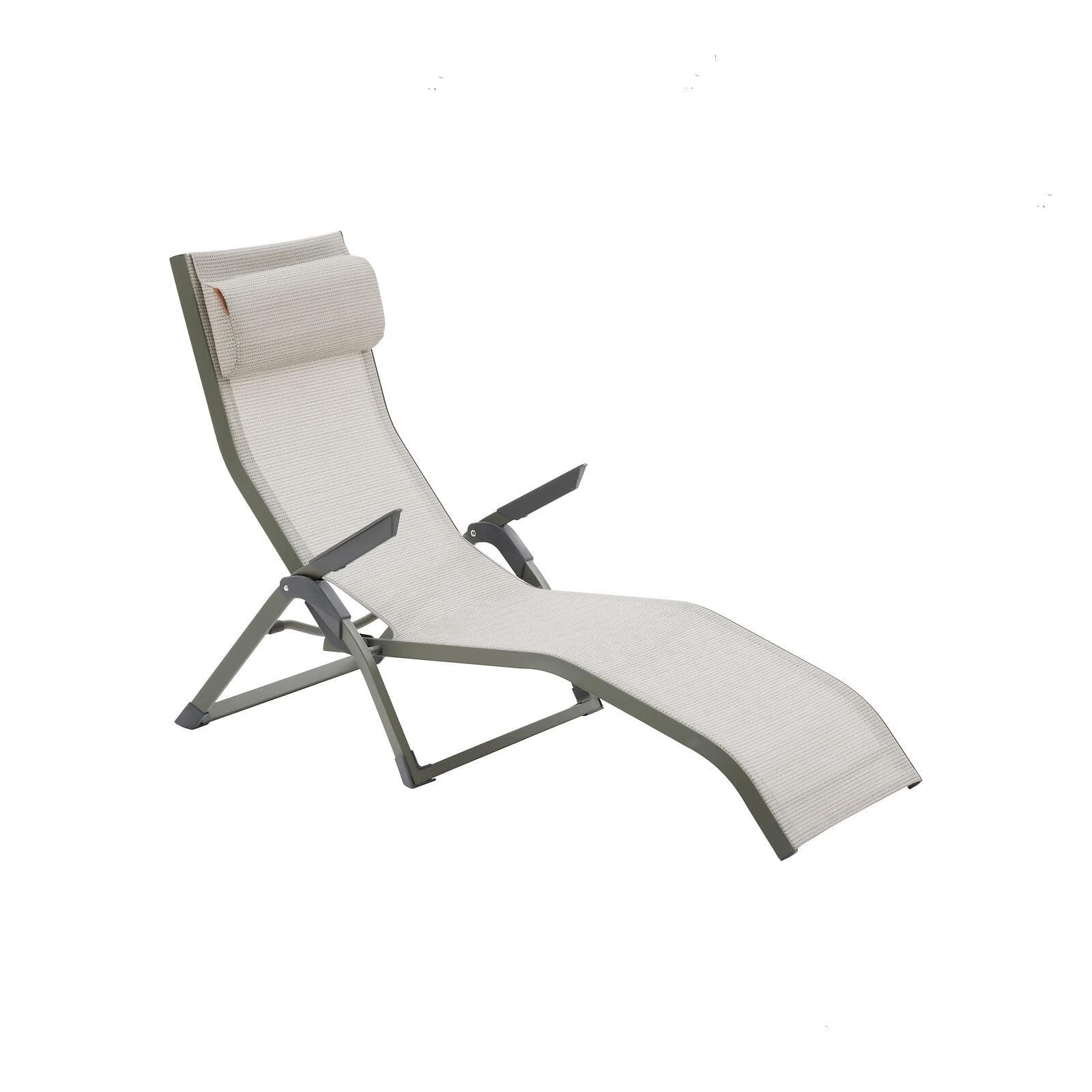 Lettino prendisole con cuscino poggiatesta e braccioli in alluminio verde alloro e textilene beige - Graciosa