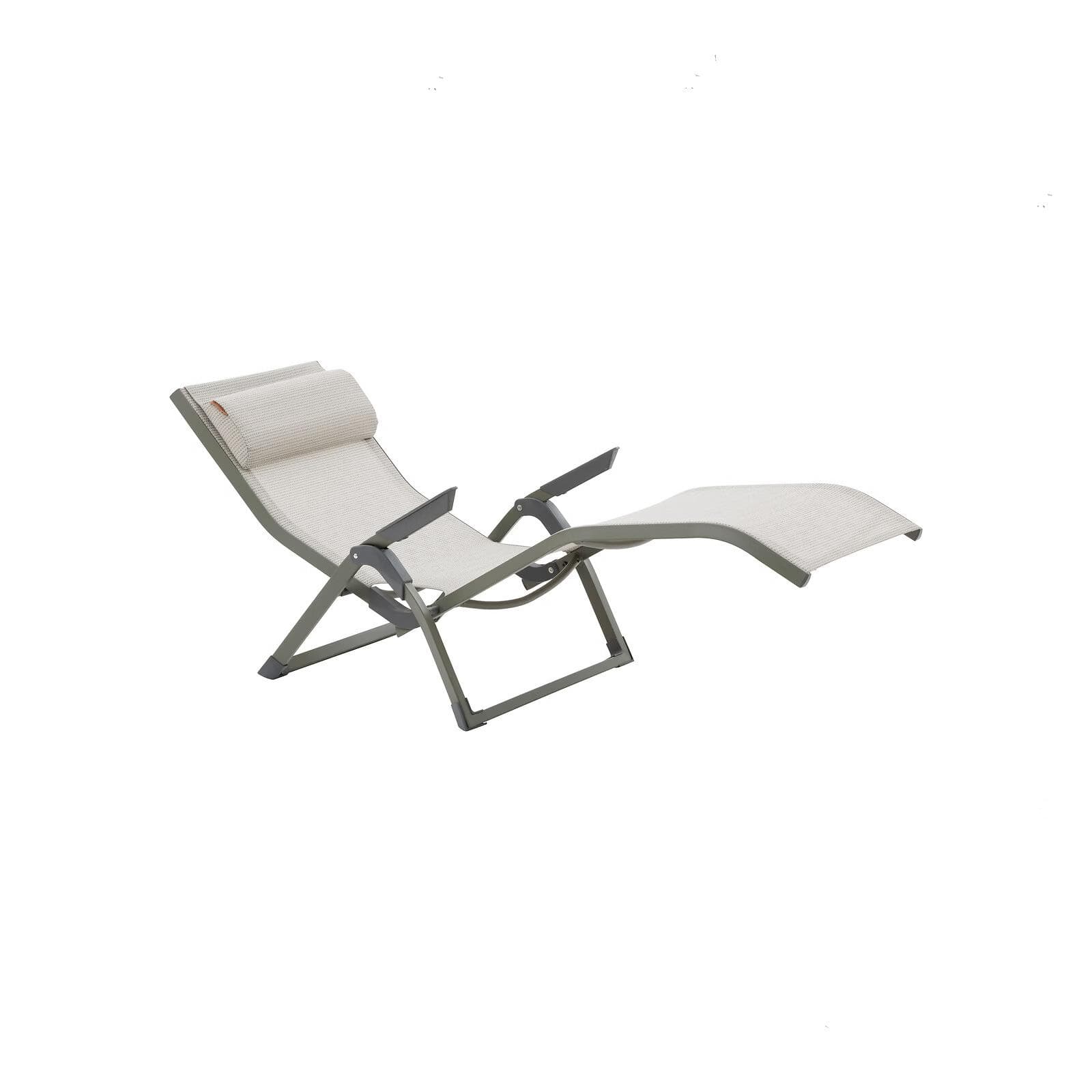 Lettino prendisole con cuscino poggiatesta e braccioli in alluminio verde alloro e textilene beige - Graciosa