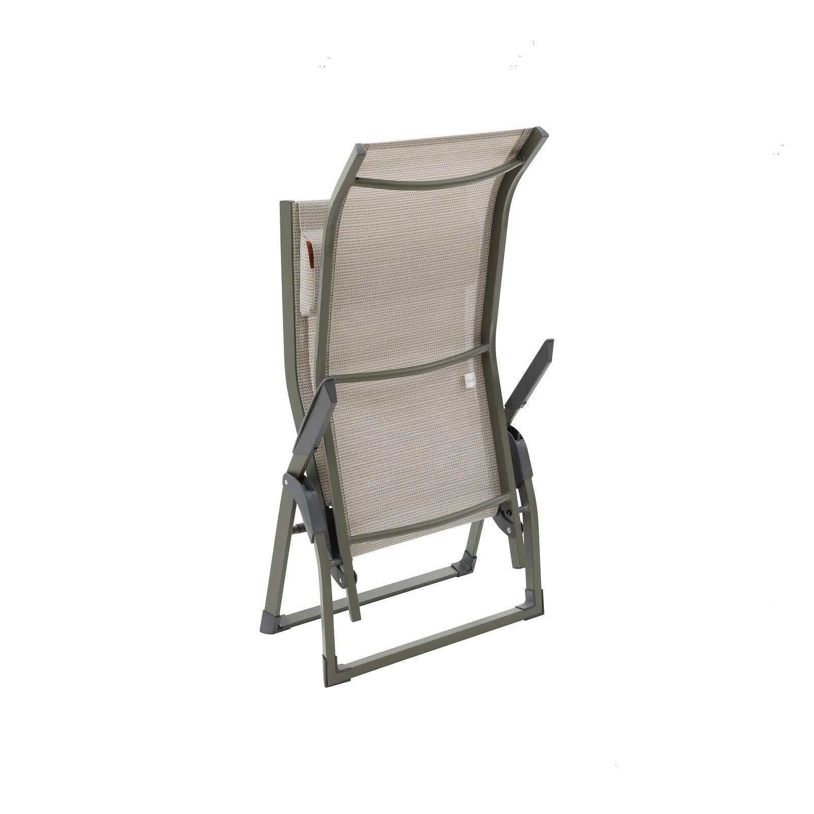 Lettino prendisole con cuscino poggiatesta e braccioli in alluminio verde alloro e textilene beige - Graciosa