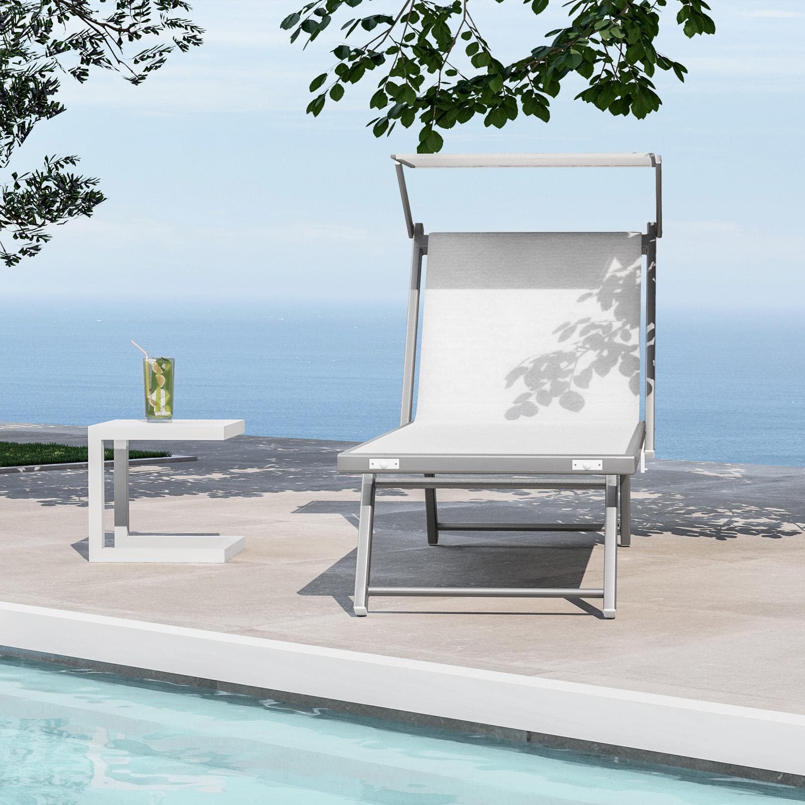 Lettino prendisole reclinabile in alluminio bianco con tettuccio - Aloha