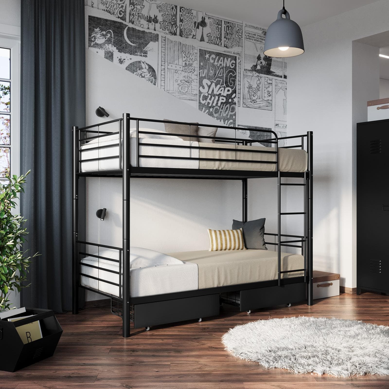 Letto a castello trasformabile in 2 letti singoli 90x190 cm in metallo nero opaco con 2 cassettoni - Jenson