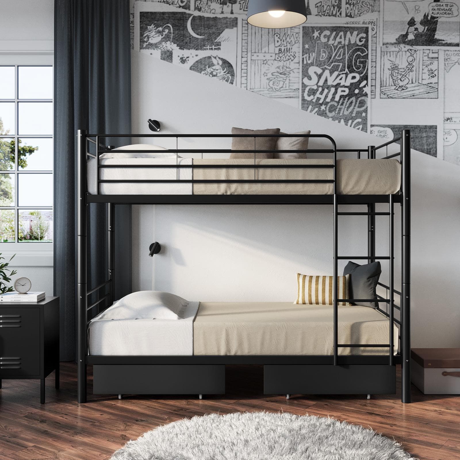 Letto a castello trasformabile in 2 letti singoli 90x190 cm in metallo nero opaco con 2 cassettoni - Jenson