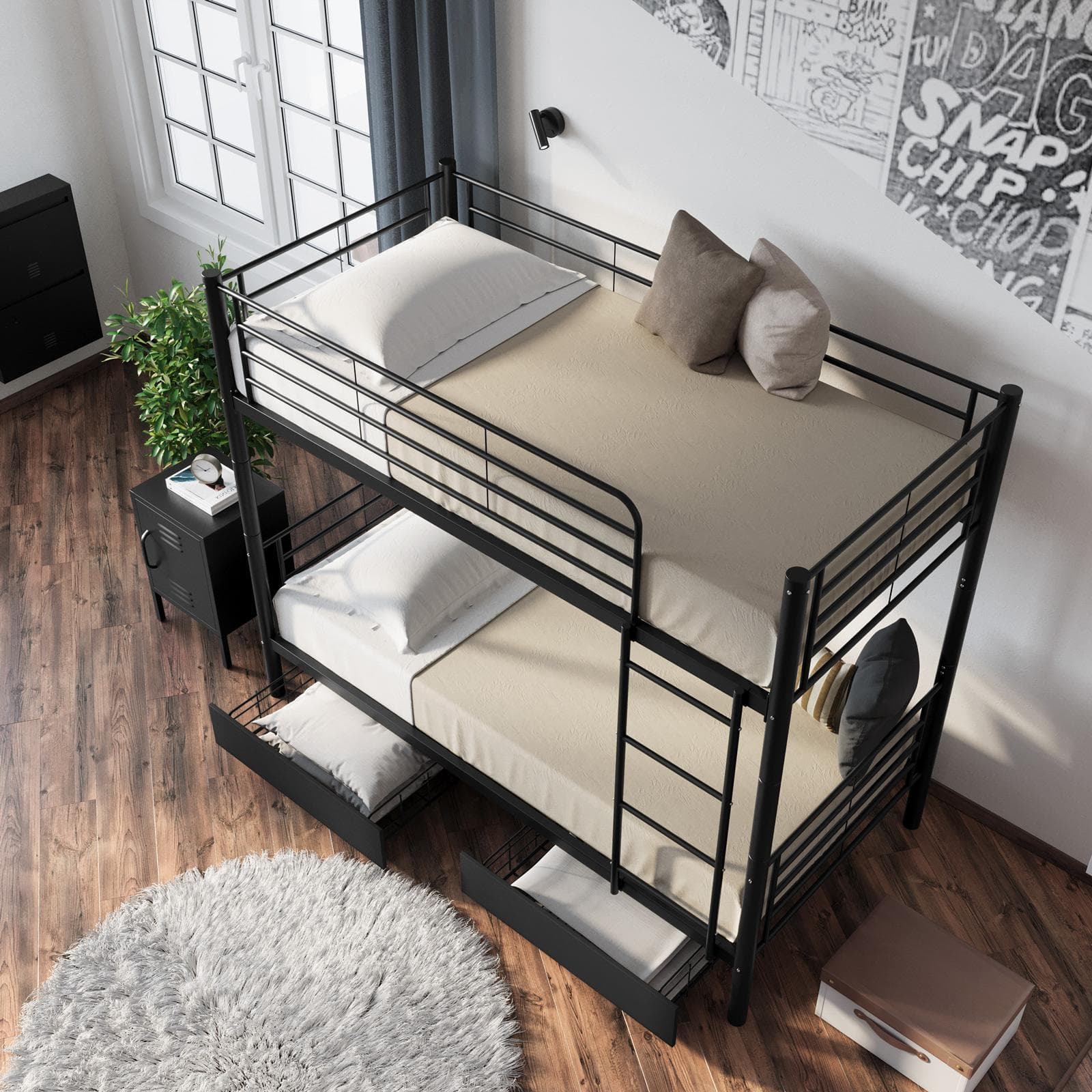 Letto a castello trasformabile in 2 letti singoli 90x190 cm in metallo nero opaco con 2 cassettoni - Jenson