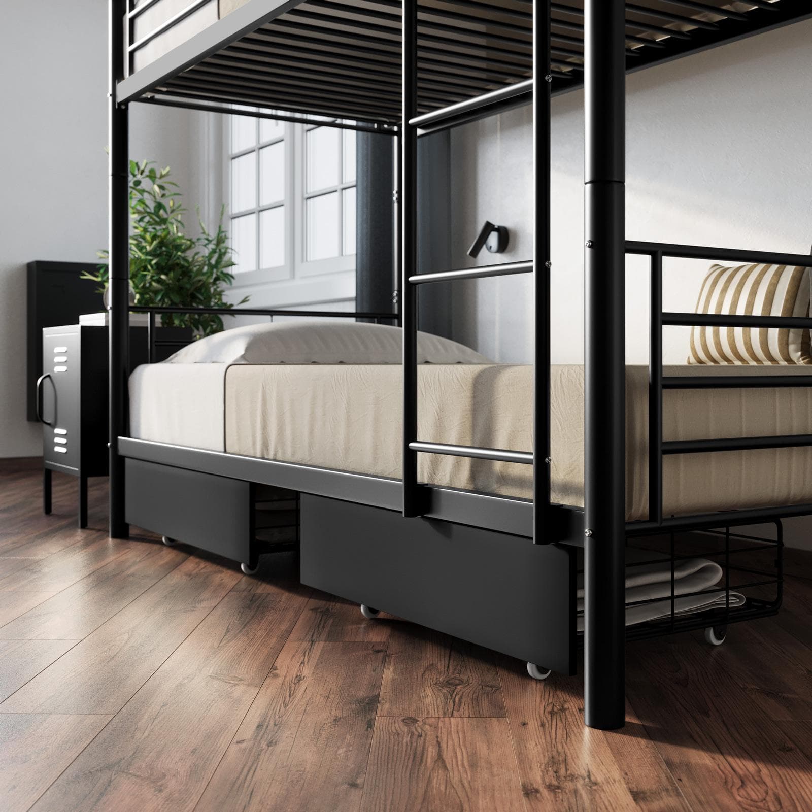 Letto a castello trasformabile in 2 letti singoli 90x190 cm in metallo nero opaco con 2 cassettoni - Jenson