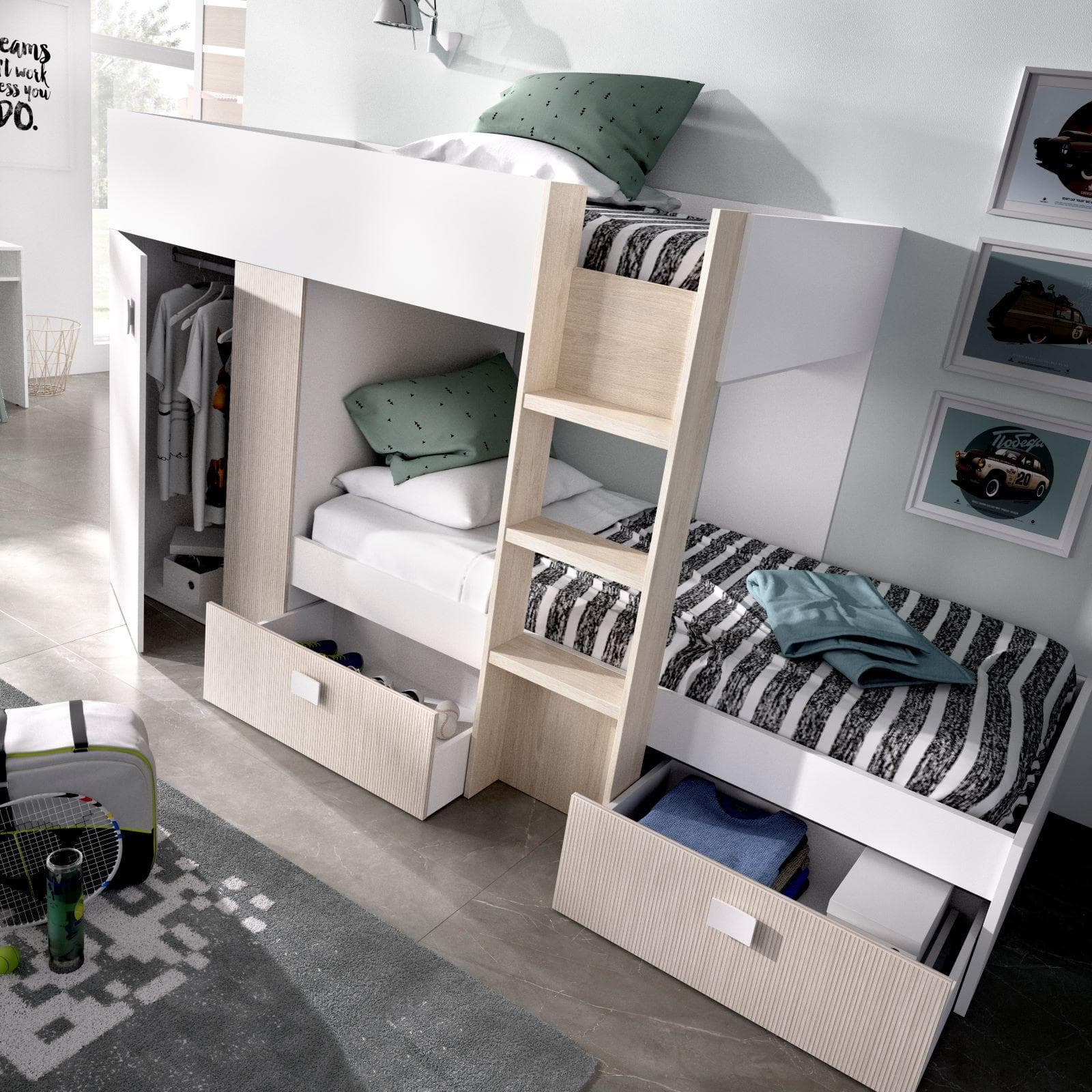 Letto a castello 271x111 cm bianco ed effetto rovere cannettato e naturale con armadio e cassetti - Kaelith