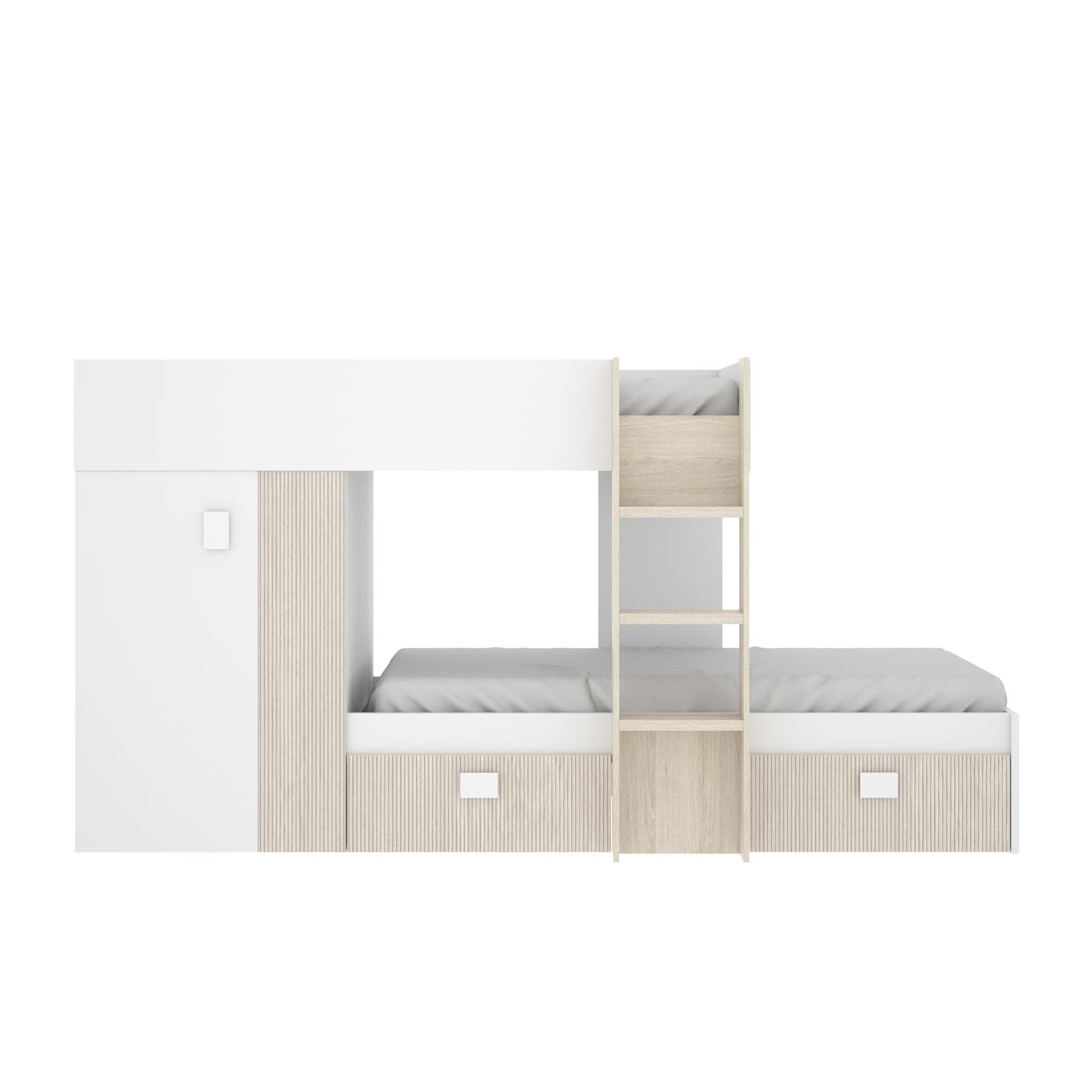 Letto a castello 271x111 cm bianco ed effetto rovere cannettato e naturale con armadio e cassetti - Kaelith