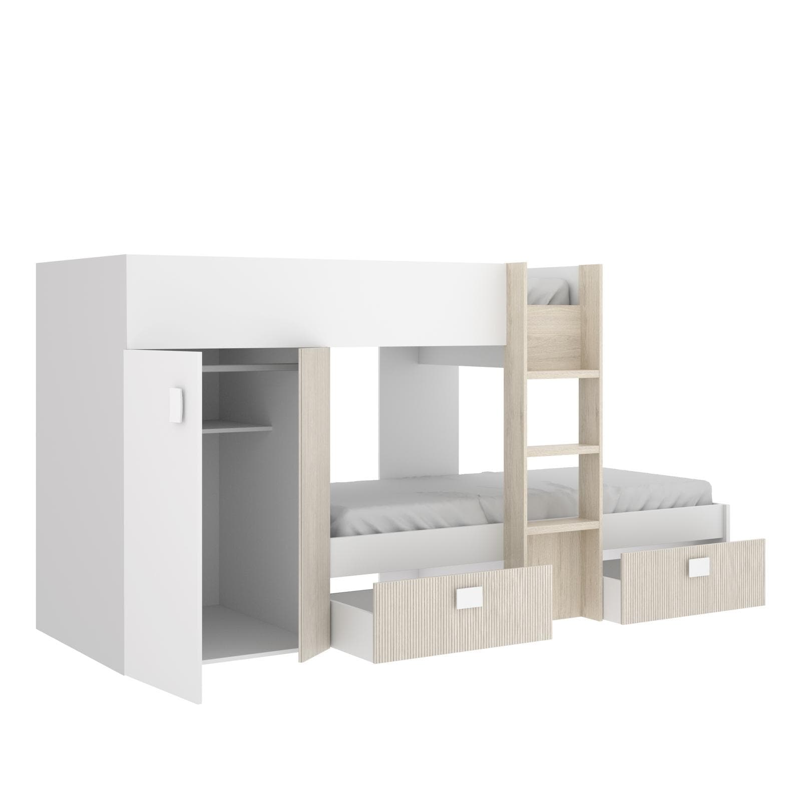 Letto a castello 271x111 cm bianco ed effetto rovere cannettato e naturale con armadio e cassetti - Kaelith