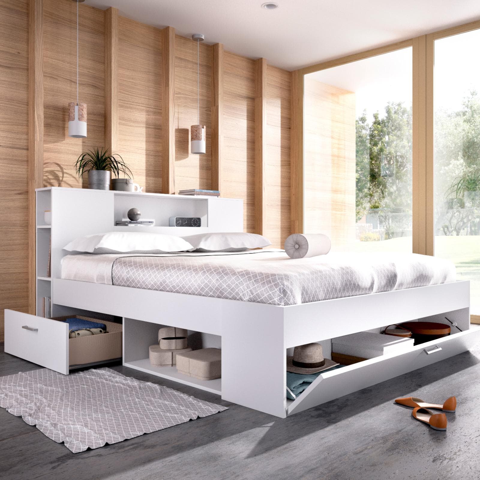 Letto matrimoniale 160x200 cm in legno bianco con vani e cassetti - Kygo