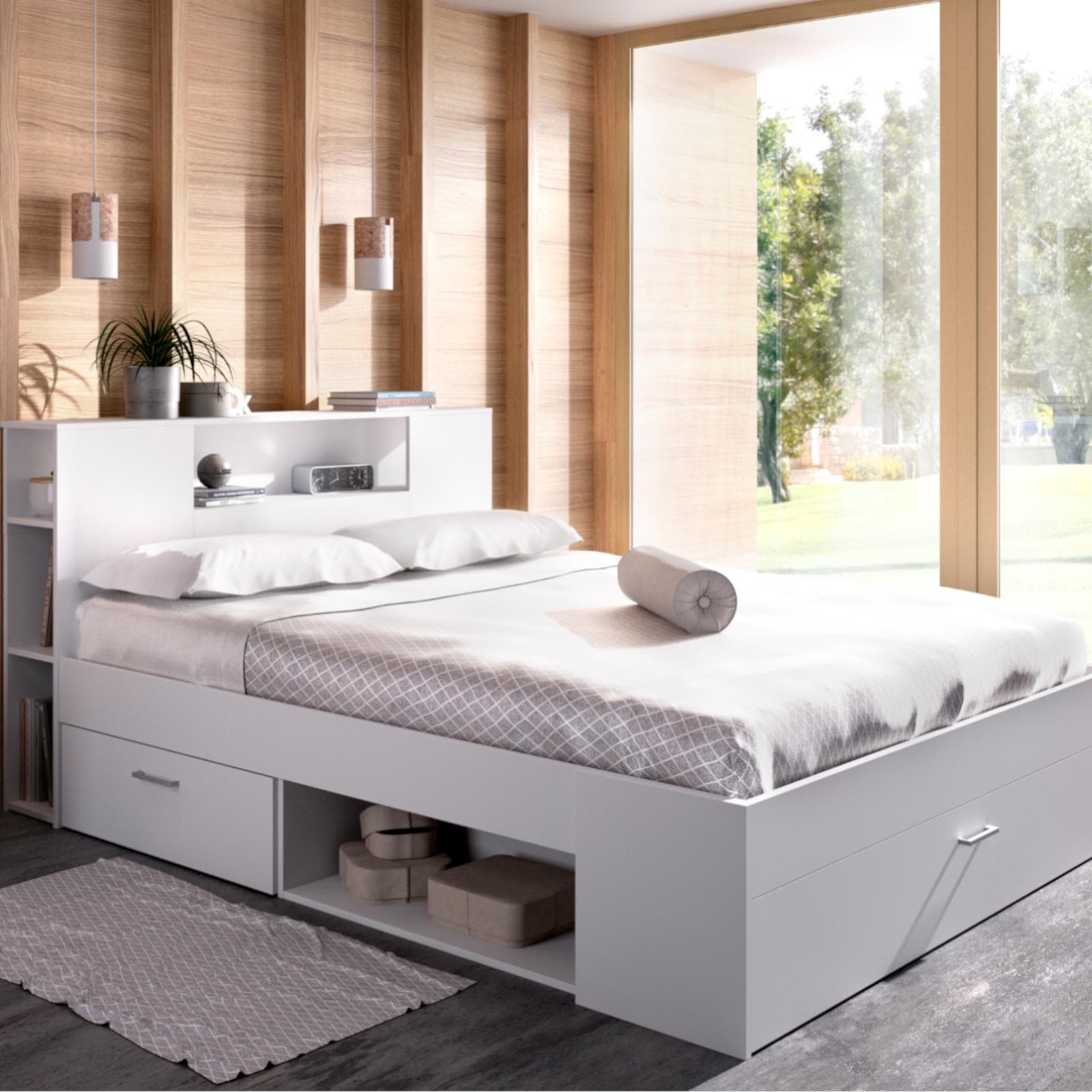 Letto matrimoniale 160x200 cm in legno bianco con vani e cassetti - Kygo