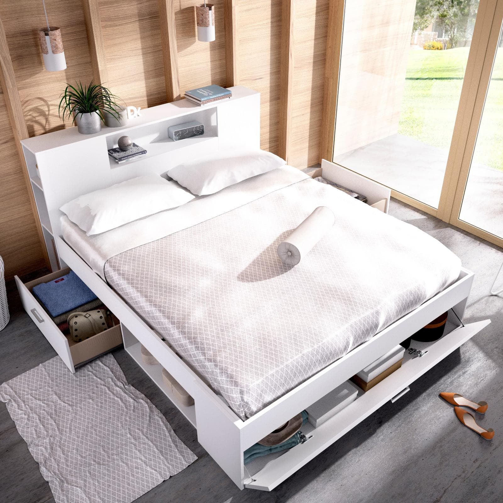 Letto matrimoniale 160x200 cm in legno bianco con vani e cassetti - Kygo