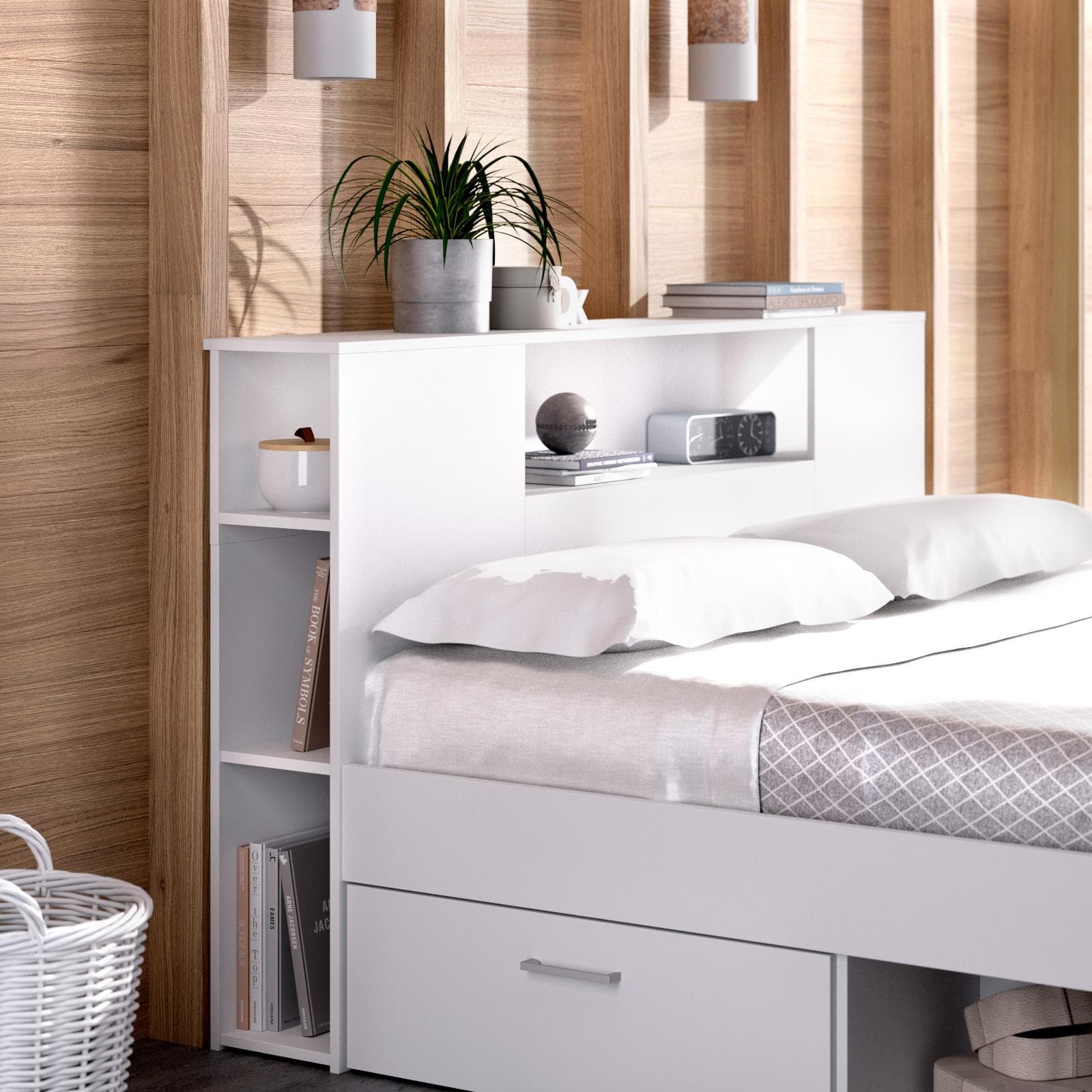 Letto matrimoniale 160x200 cm in legno bianco con vani e cassetti - Kygo