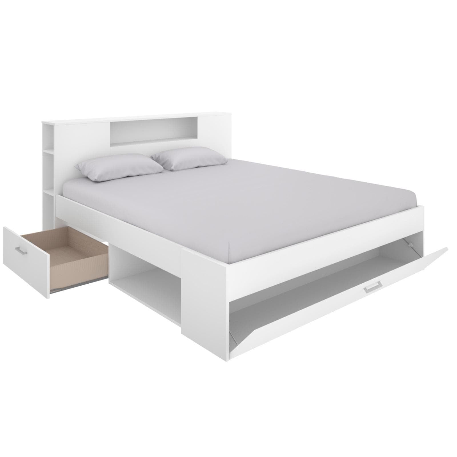 Letto matrimoniale 160x200 cm in legno bianco con vani e cassetti - Kygo