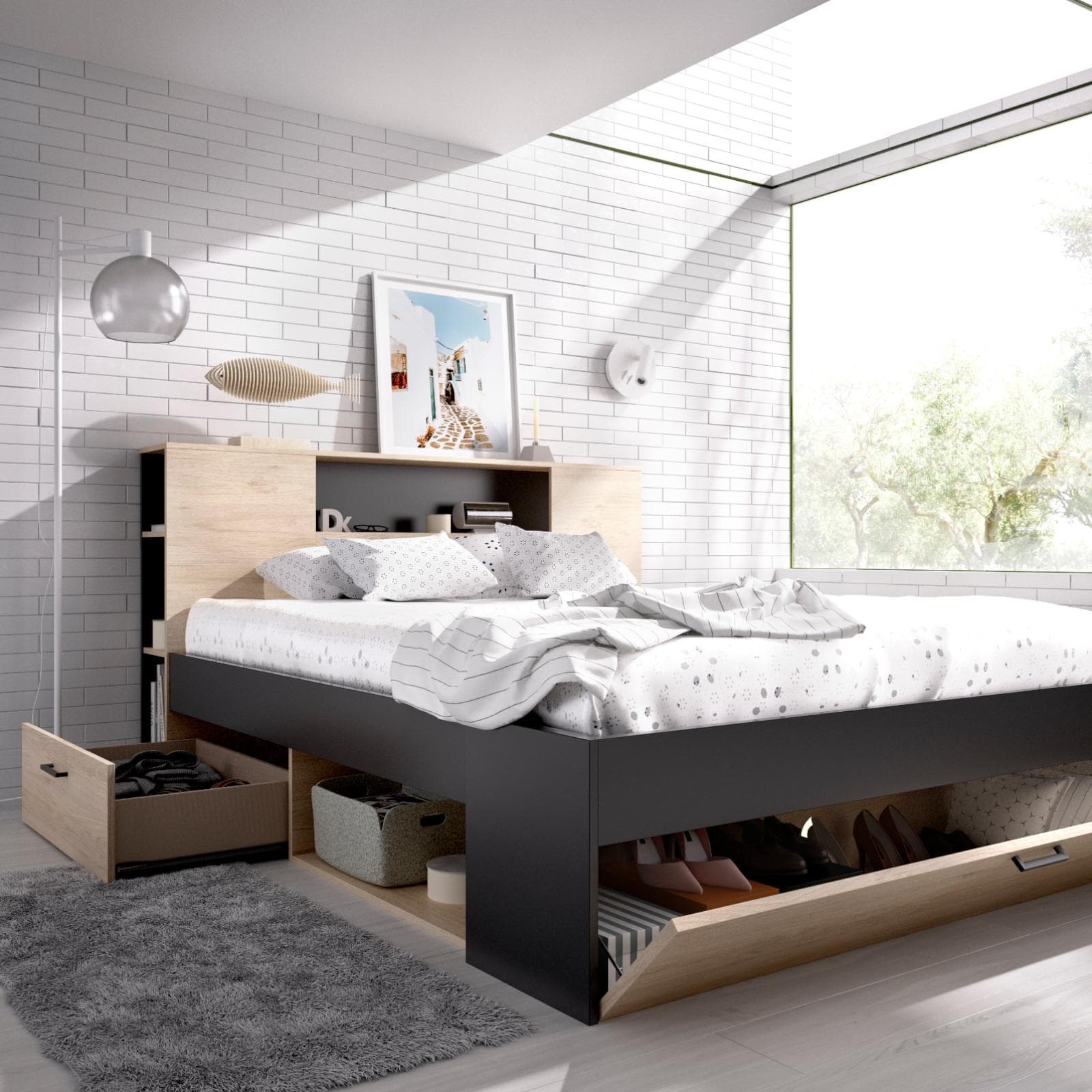 Letto matrimoniale 160x200 in legno naturale e grafite con vani e cassetti - Kygo
