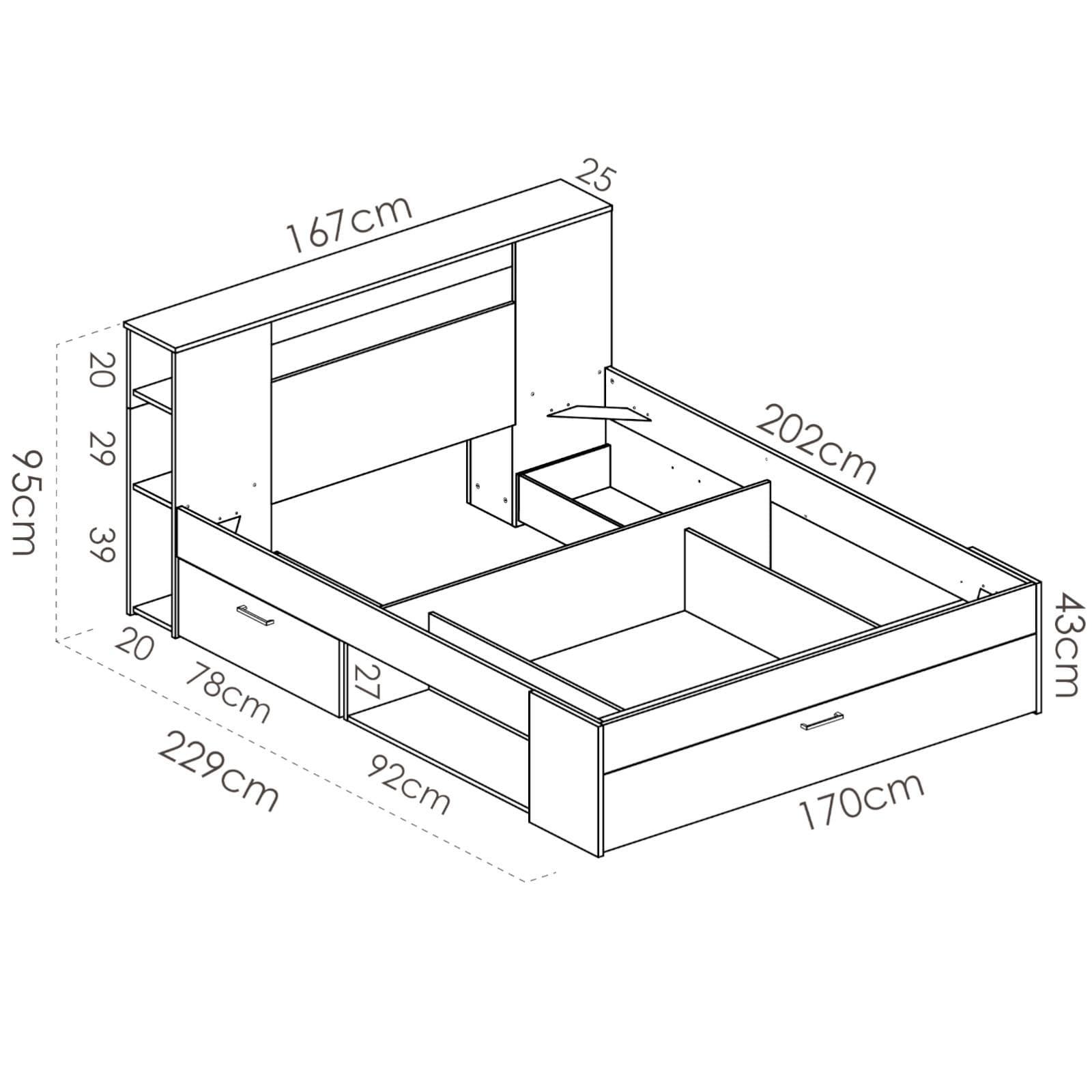 Letto matrimoniale 160x200 in legno naturale e grafite con vani e cassetti - Kygo