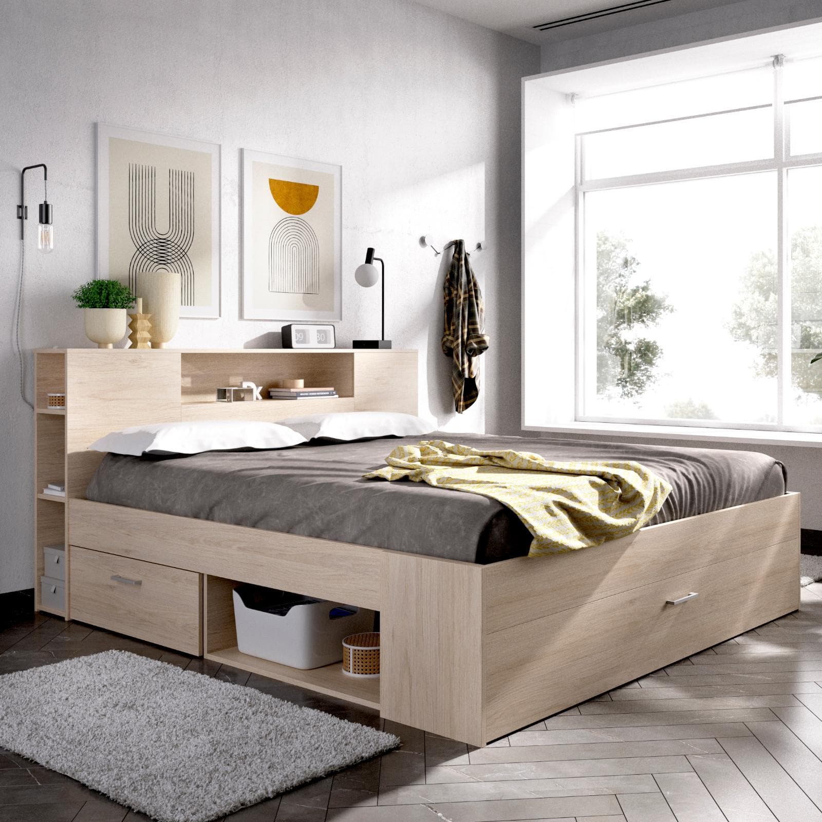 Letto matrimoniale 160x200 in legno naturale con vani e cassetti - Kygo