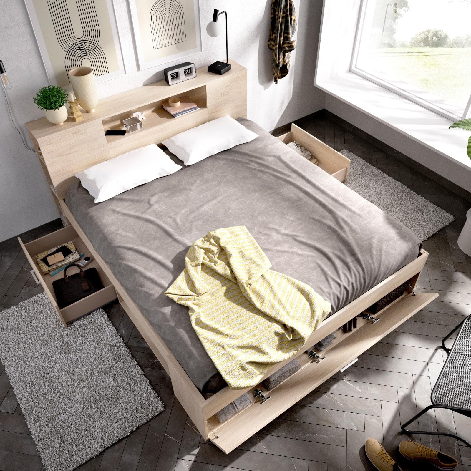 Letto matrimoniale 160x200 in legno naturale con vani e cassetti - Kygo