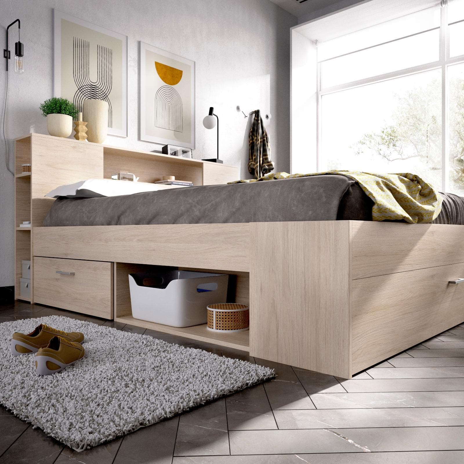 Letto matrimoniale 160x200 in legno naturale con vani e cassetti - Kygo